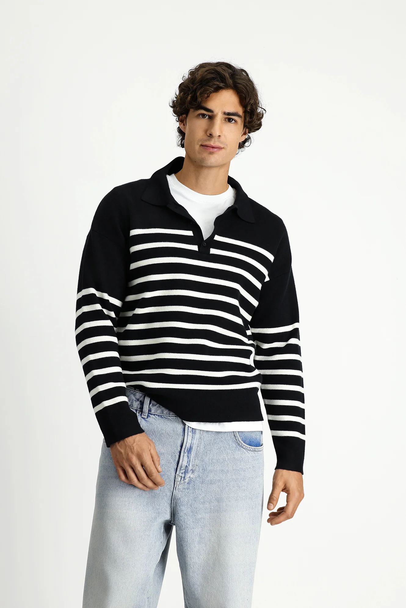 Siyah Polo Yaka Oversize Ekstra Rahat Kesim Çizgili Triko Kazak - Image 3