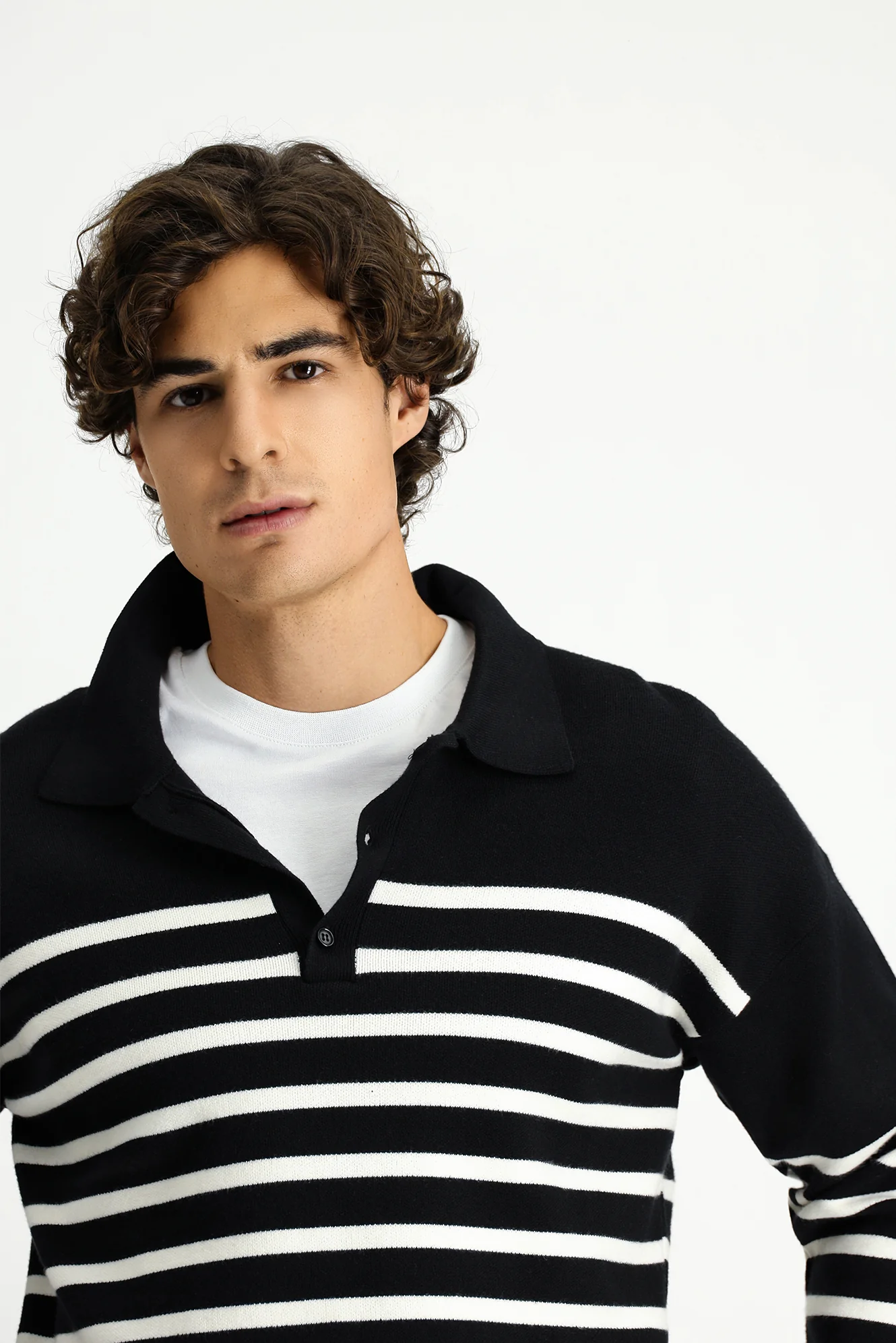 Siyah Polo Yaka Oversize Ekstra Rahat Kesim Çizgili Triko Kazak - Image 4