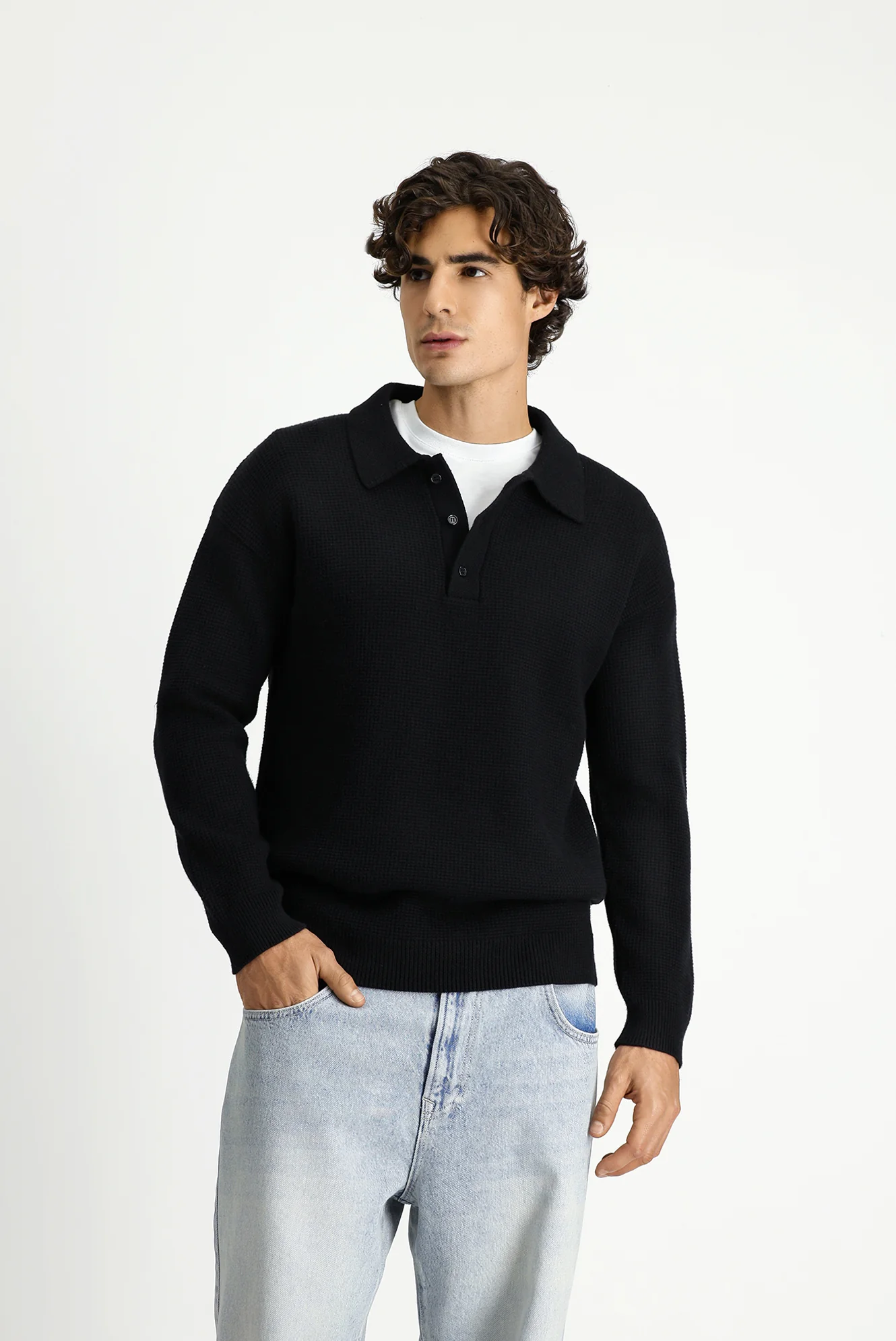 Siyah Polo Yaka Oversize Ekstra Rahat Kesim Çizgili Triko Kazak - Image 4