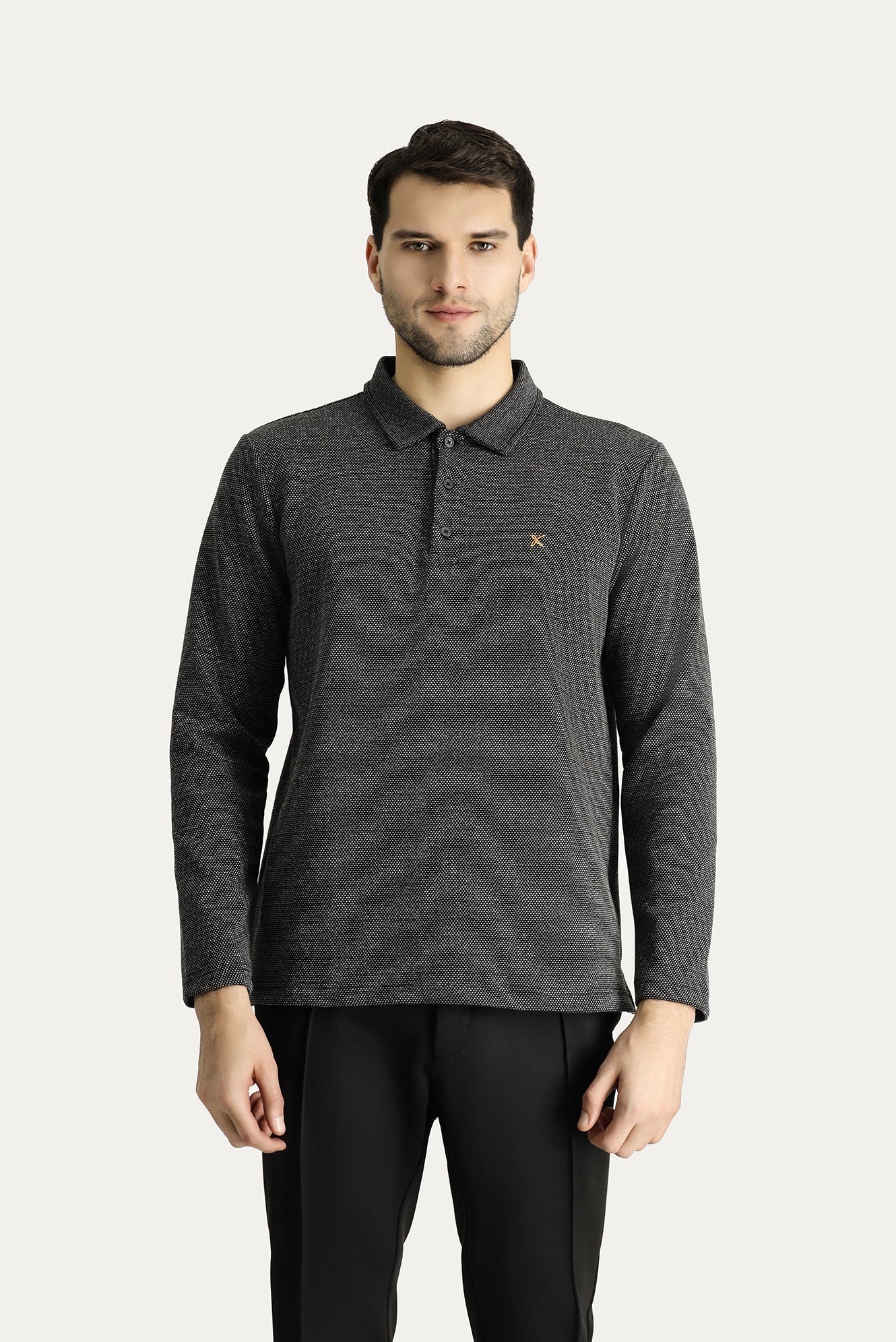 Siyah Polo Yaka Regular Fit Desenli Nakışlı Pamuklu Sweatshirt - Image 3