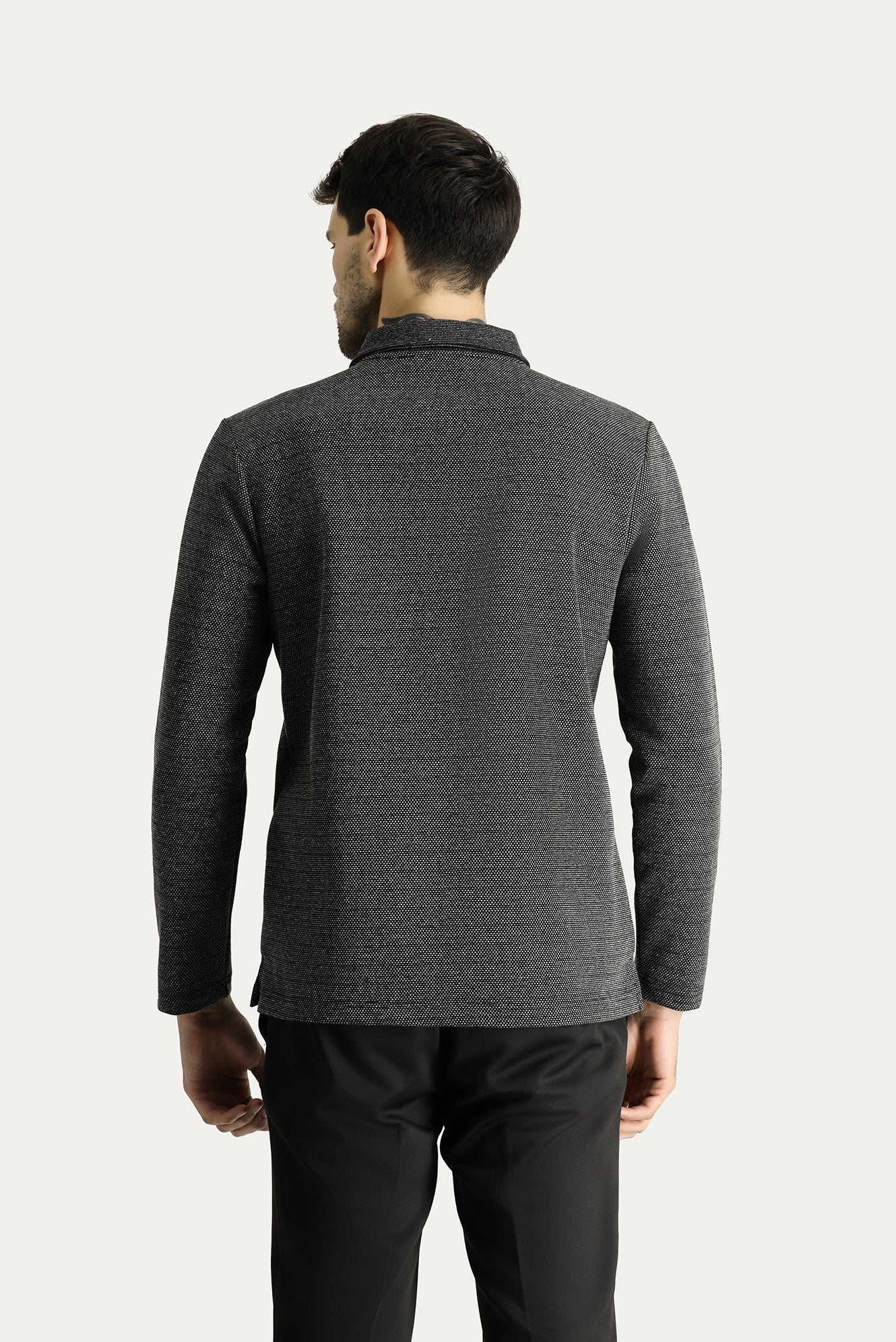 Siyah Polo Yaka Regular Fit Desenli Nakışlı Pamuklu Sweatshirt - Image 4