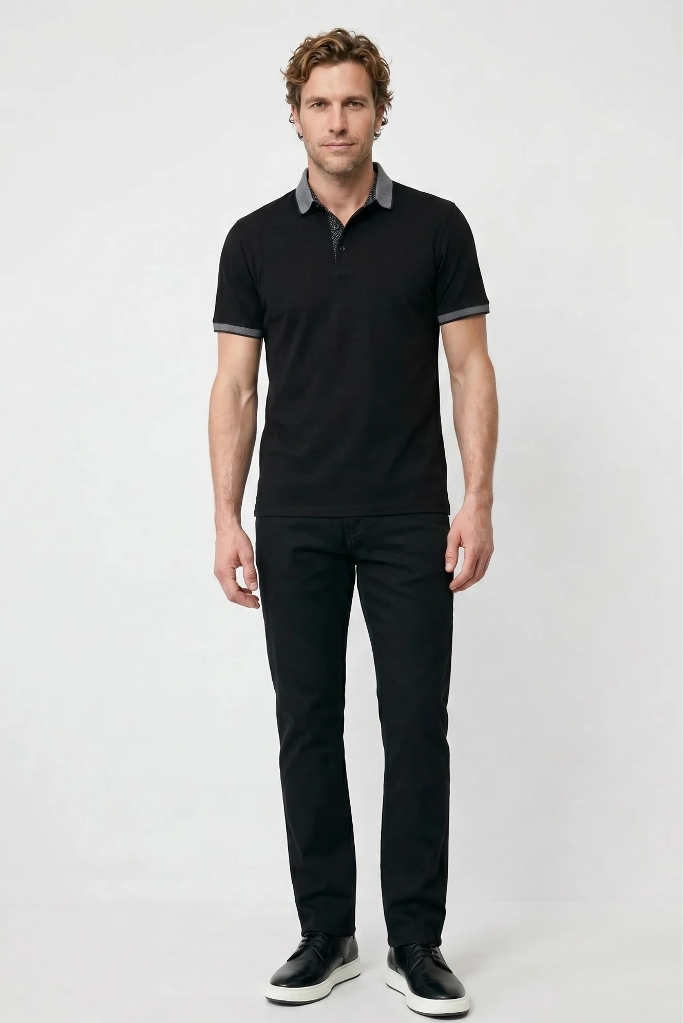 Siyah Polo Yaka Regular Fit Desenli Pamuklu Tişört - Image 5