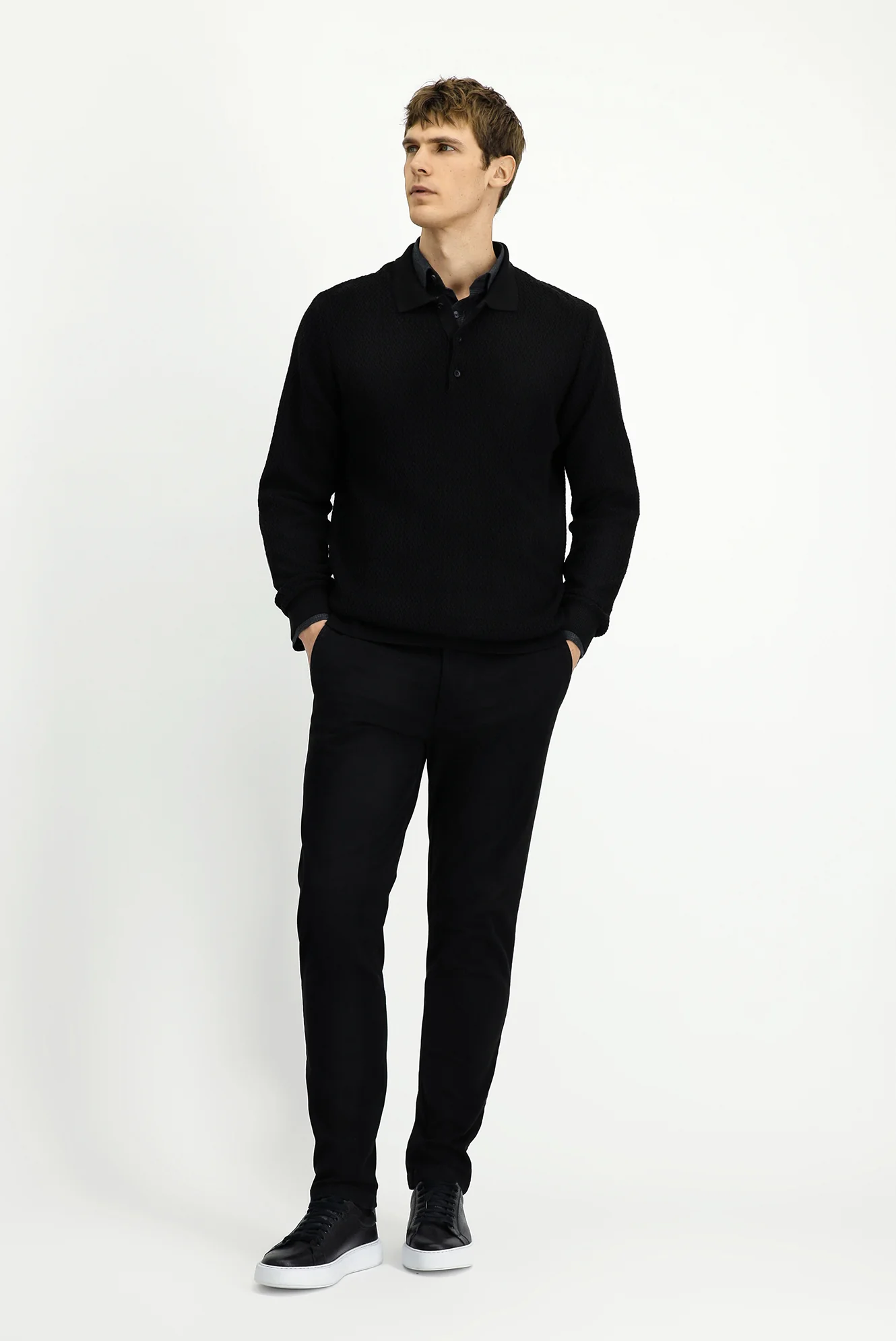 Siyah Polo Yaka Regular Fit Desenli Pamuklu Triko Kazak - Image 2