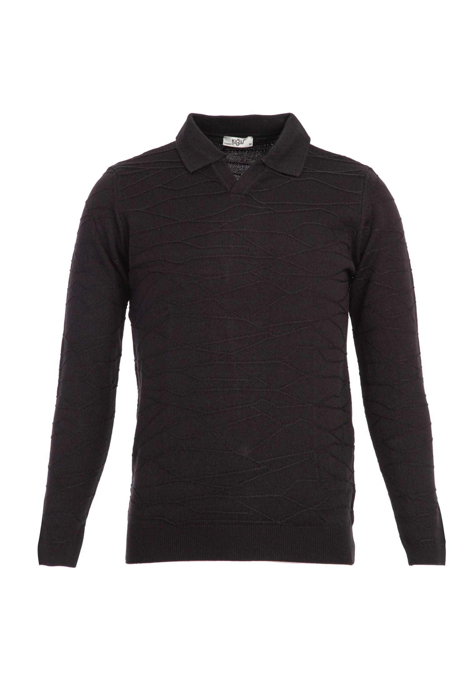 Siyah Polo Yaka Regular Fit Desenli Triko Kazak
