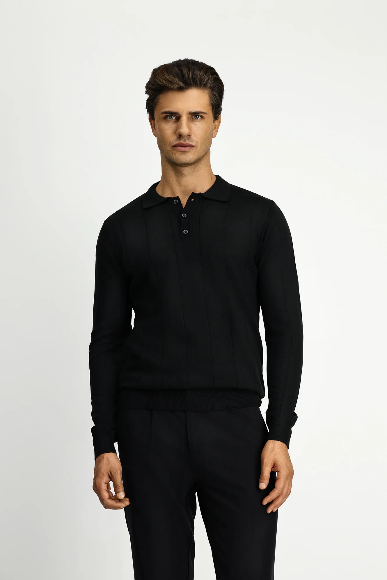 Siyah Polo Yaka Düğmeli Regular Fit Çizgili Triko Kazak - Image 3