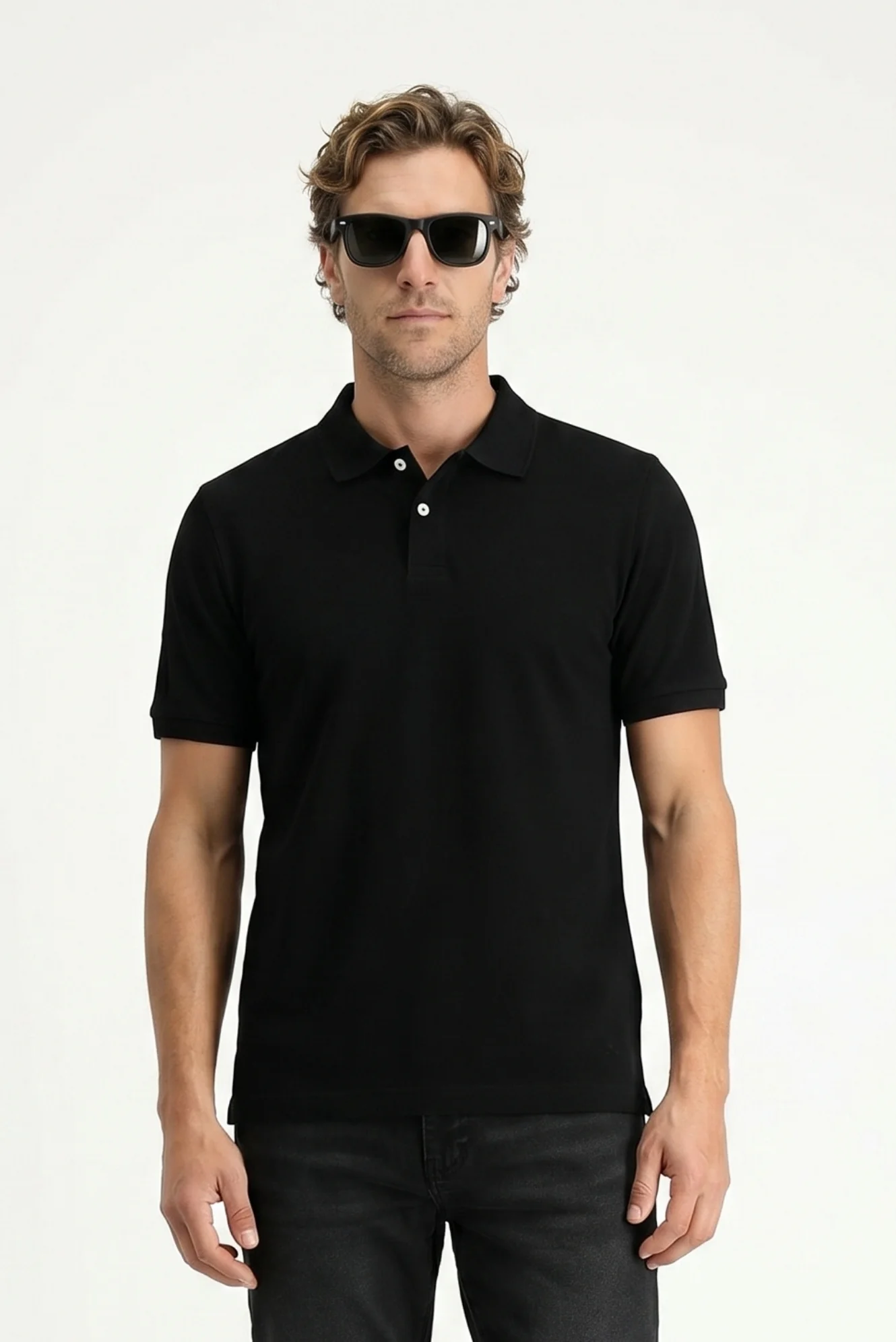 Siyah Polo Yaka Regular Fit Nakışlı Pamuk Tişört - Image 3