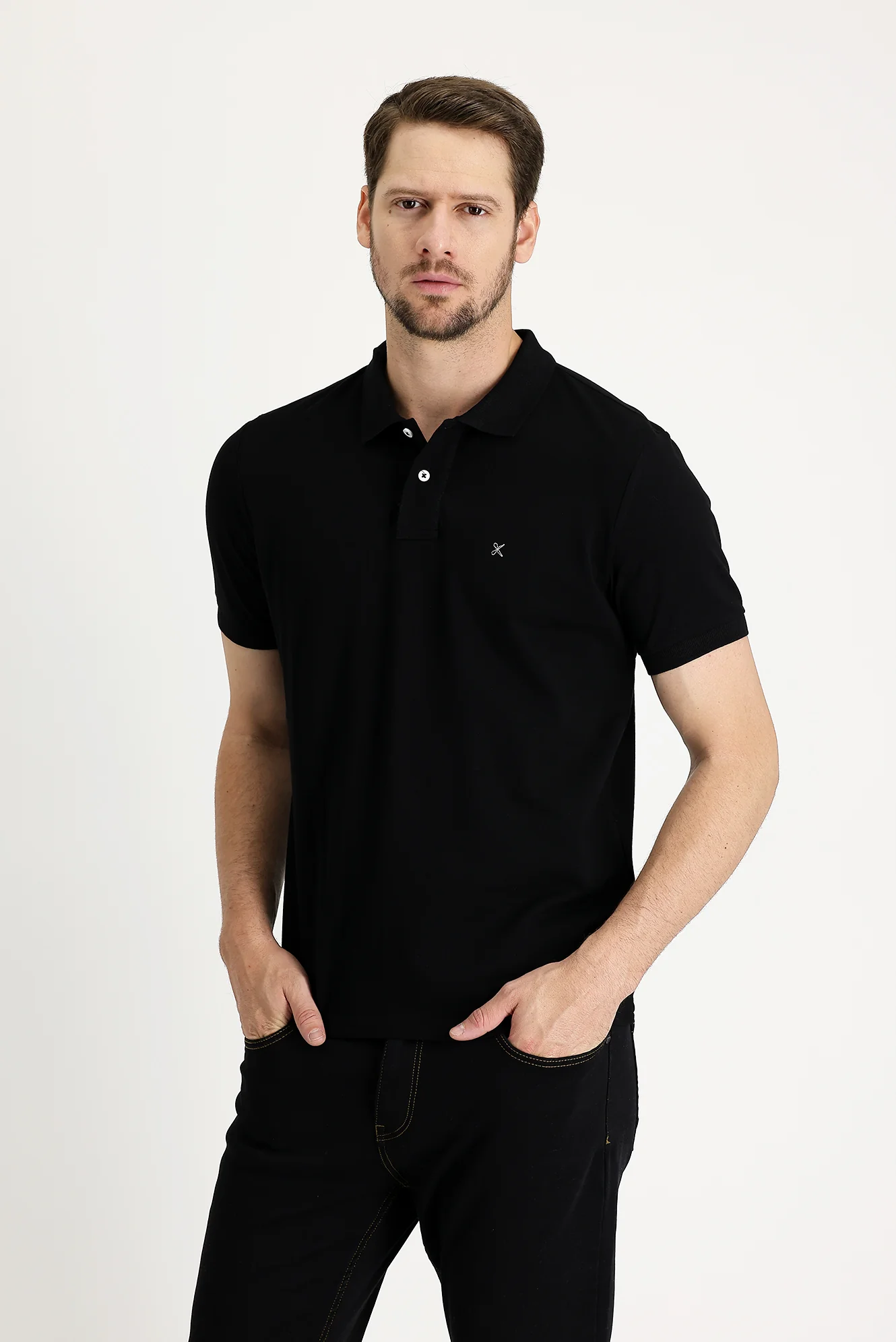 Siyah Polo Yaka Regular Fit Nakışlı Pamuk Tişört