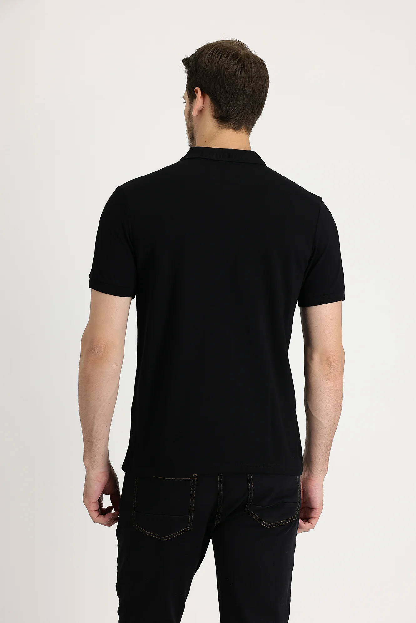 Siyah Polo Yaka Regular Fit Nakışlı Pamuk Tişört - Image 2
