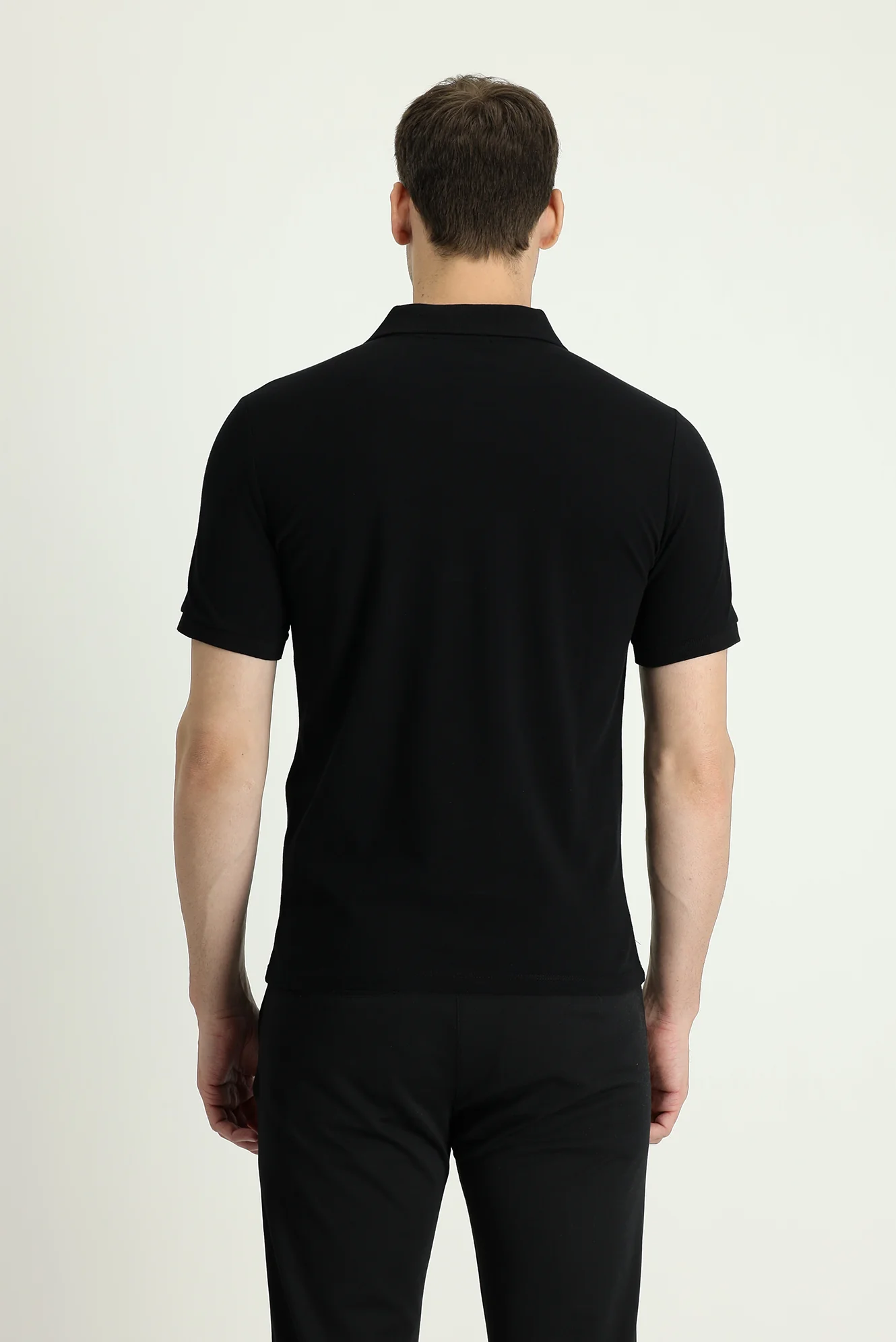 Siyah Polo Yaka Regular Fit Nakışlı Pamuk Tişört - Image 3