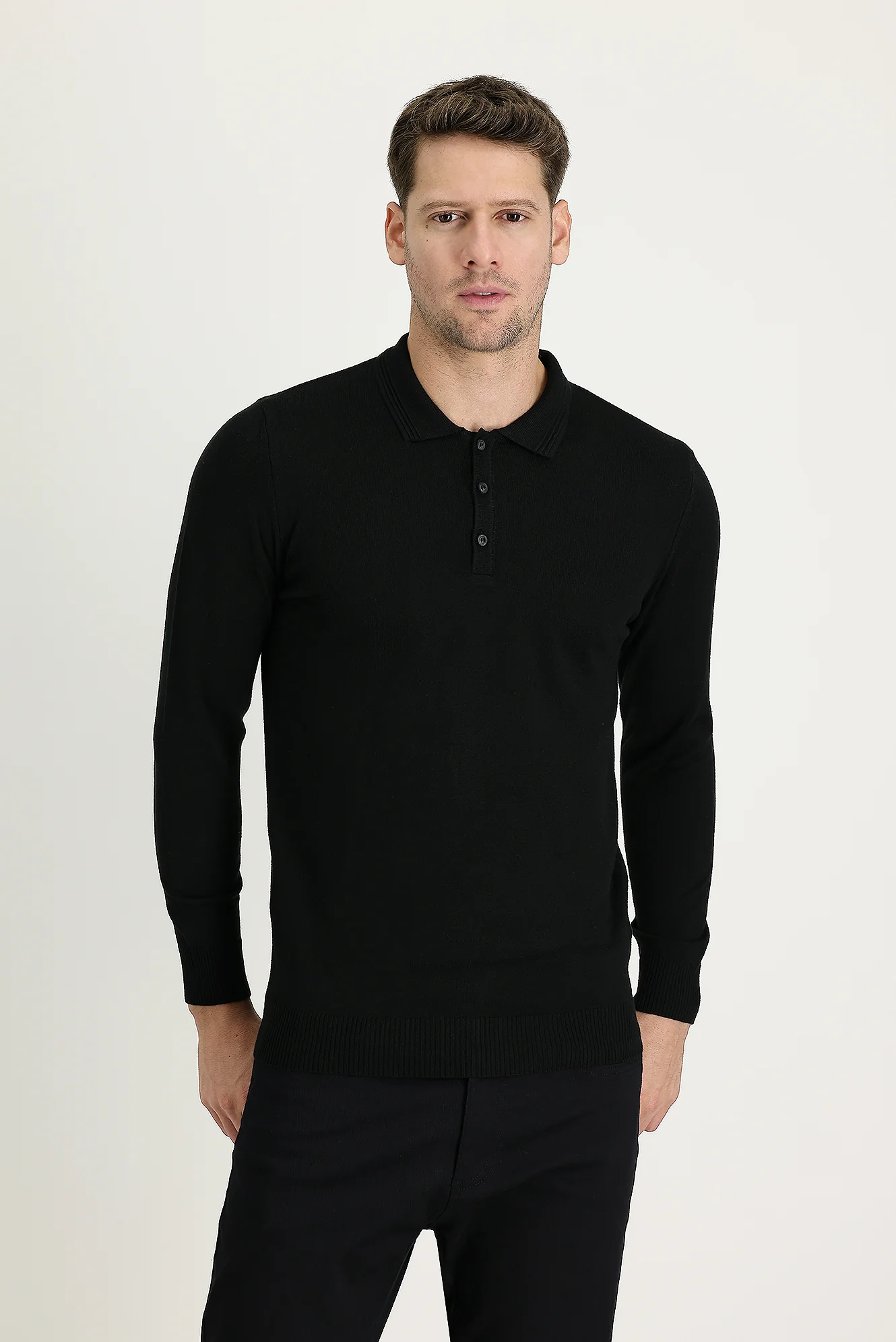 Siyah Polo Yaka Regular Fit Pamuklu Triko Kazak