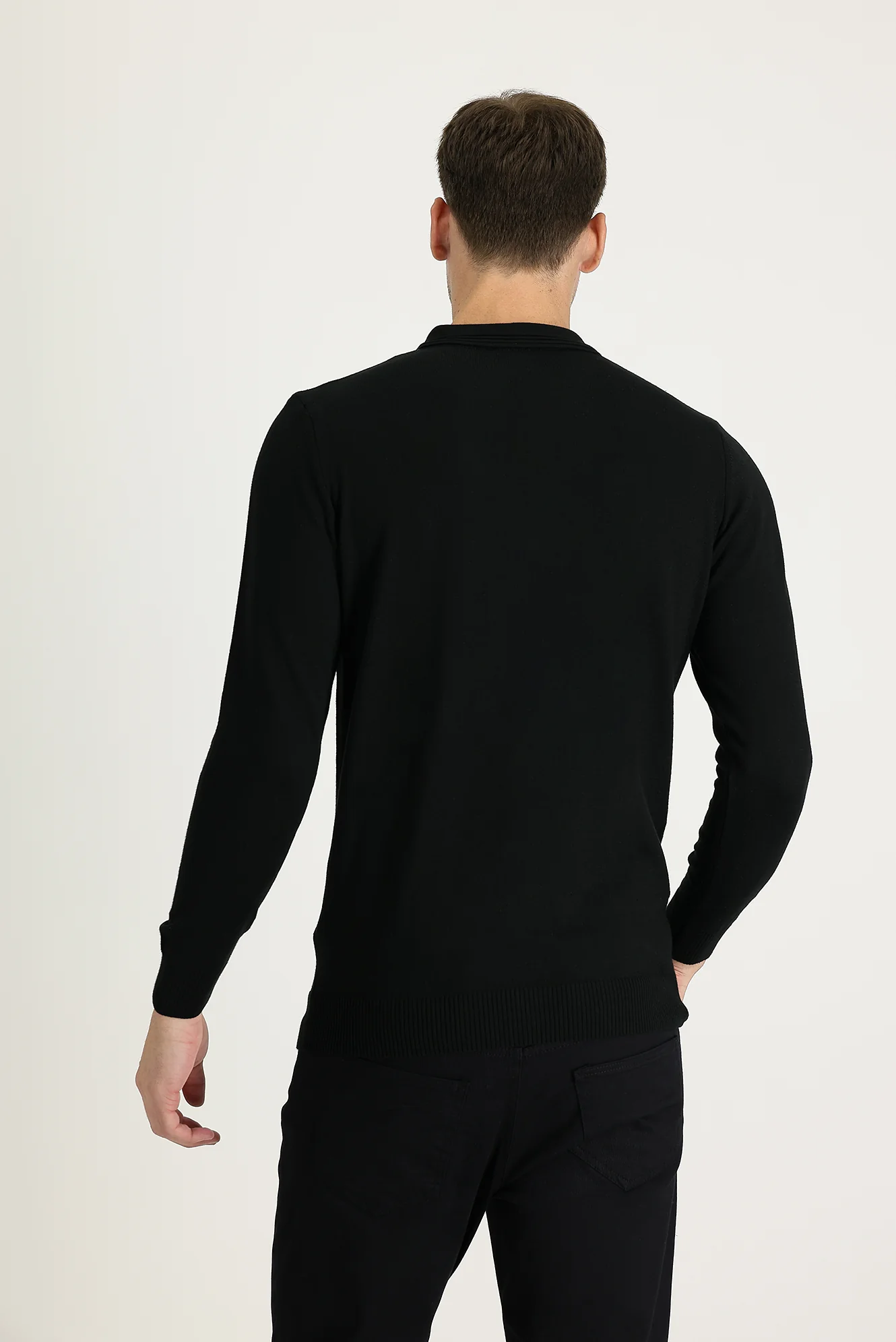 Siyah Polo Yaka Regular Fit Pamuklu Triko Kazak - Image 2