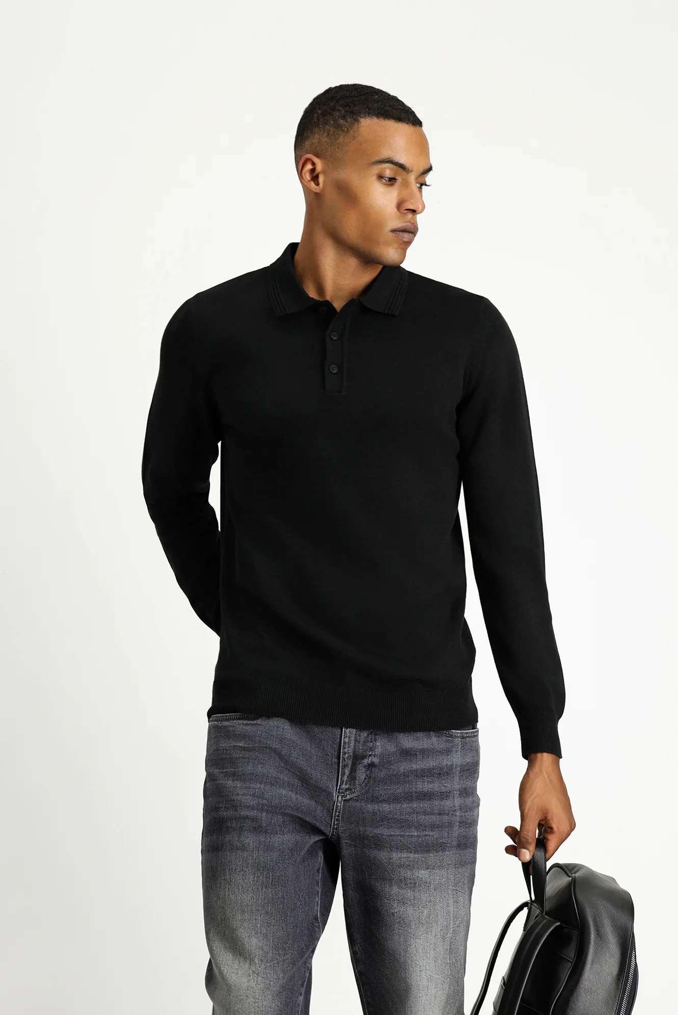 Siyah Polo Yaka Regular Fit Pamuklu Triko Kazak
