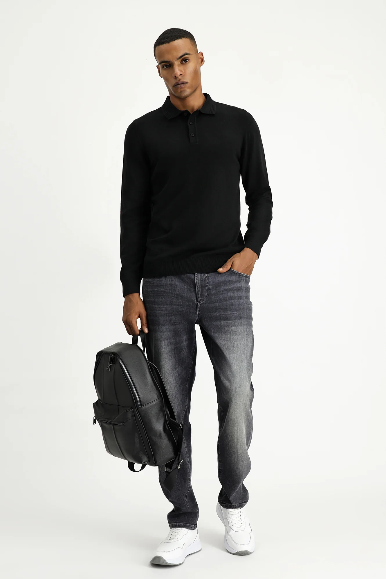 Siyah Polo Yaka Regular Fit Pamuklu Triko Kazak - Image 2