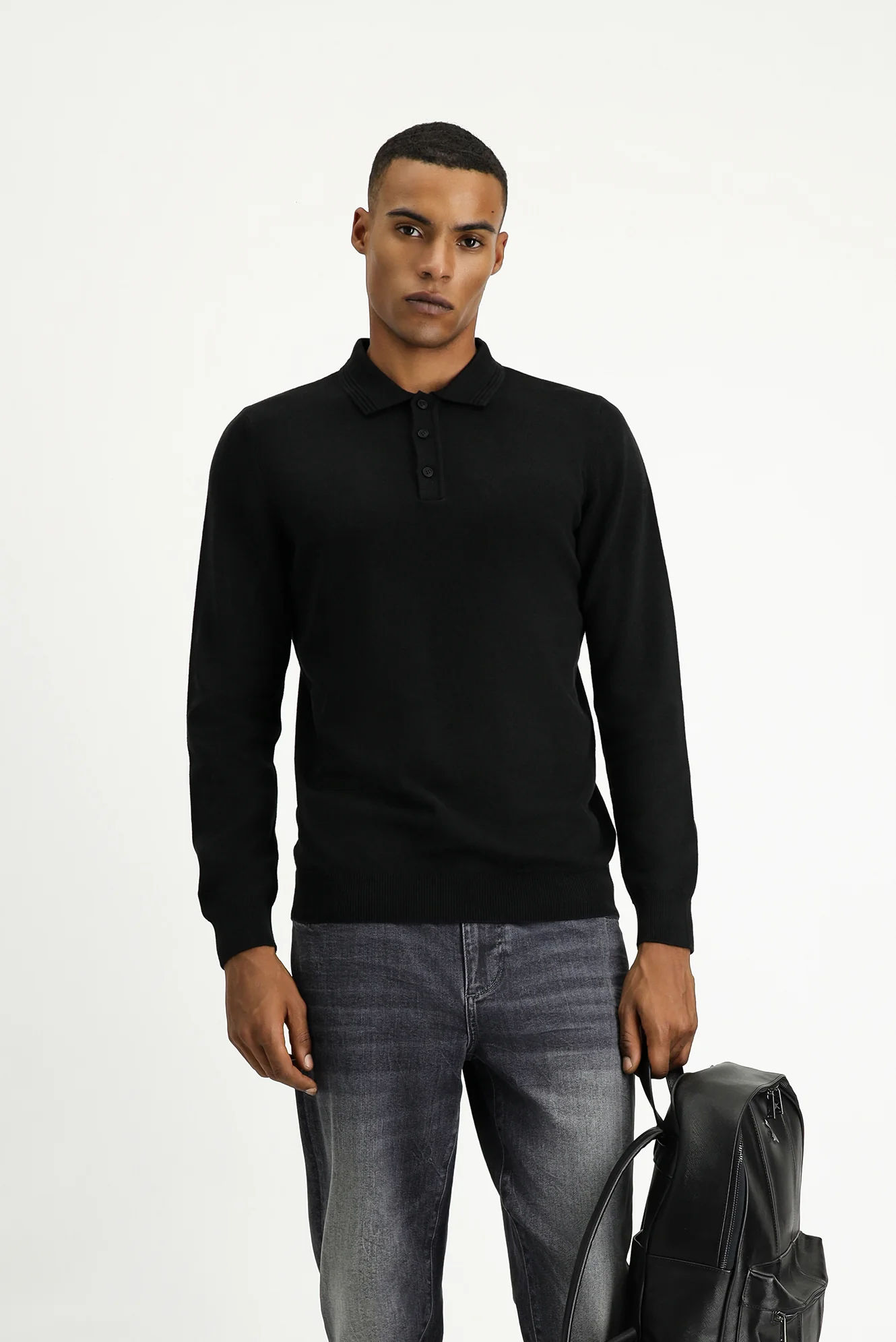 Siyah Polo Yaka Regular Fit Pamuklu Triko Kazak - Image 4
