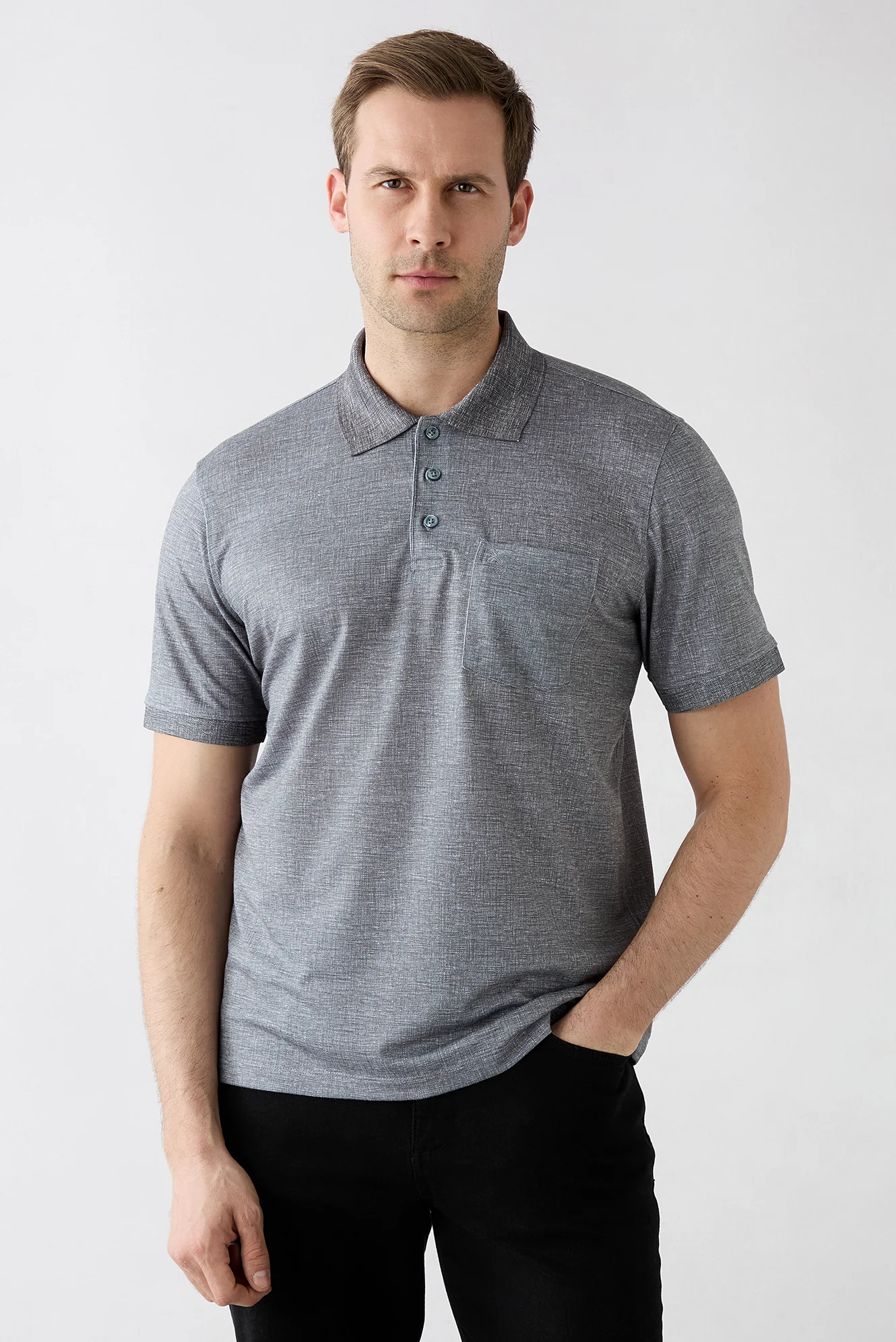 Siyah Regular Fit Desenli Nakışlı Cepli Düğmeli Polo Yaka Tişört - Image 2