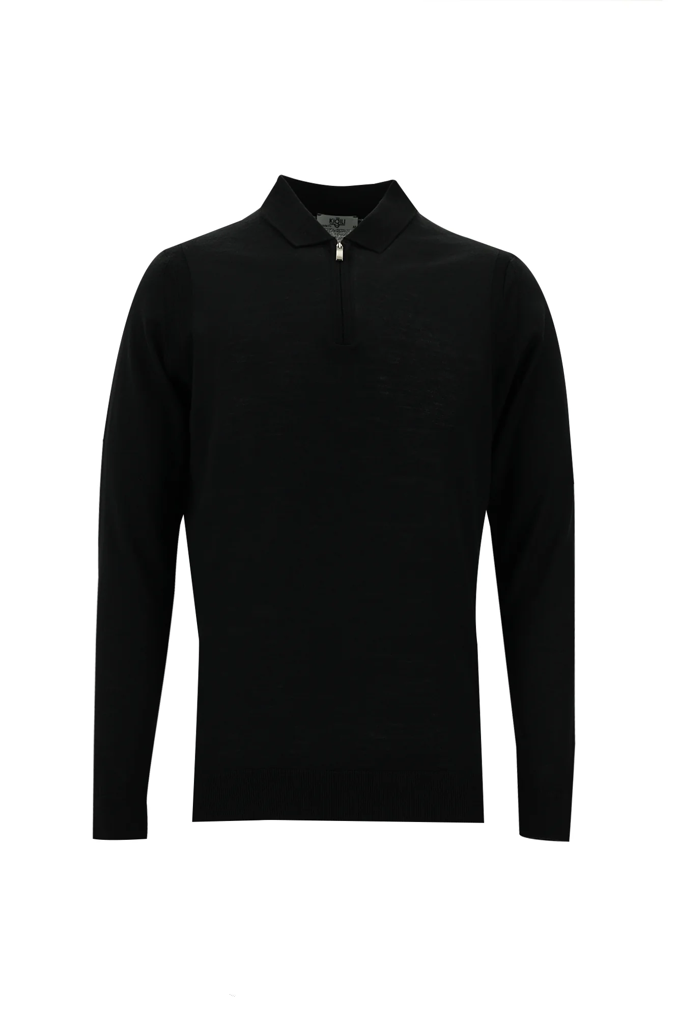 Siyah Polo Yaka Regular Fit Fermuarlı Yünlü Triko Kazak