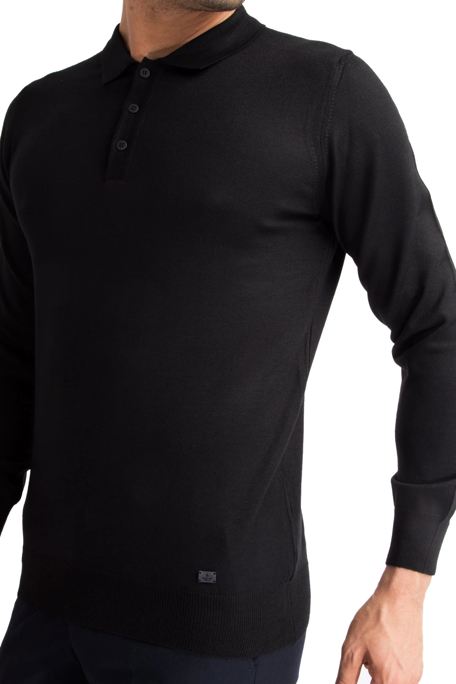 Siyah Polo Yaka Regular Fit Yünlü Triko Kazak - Image 2