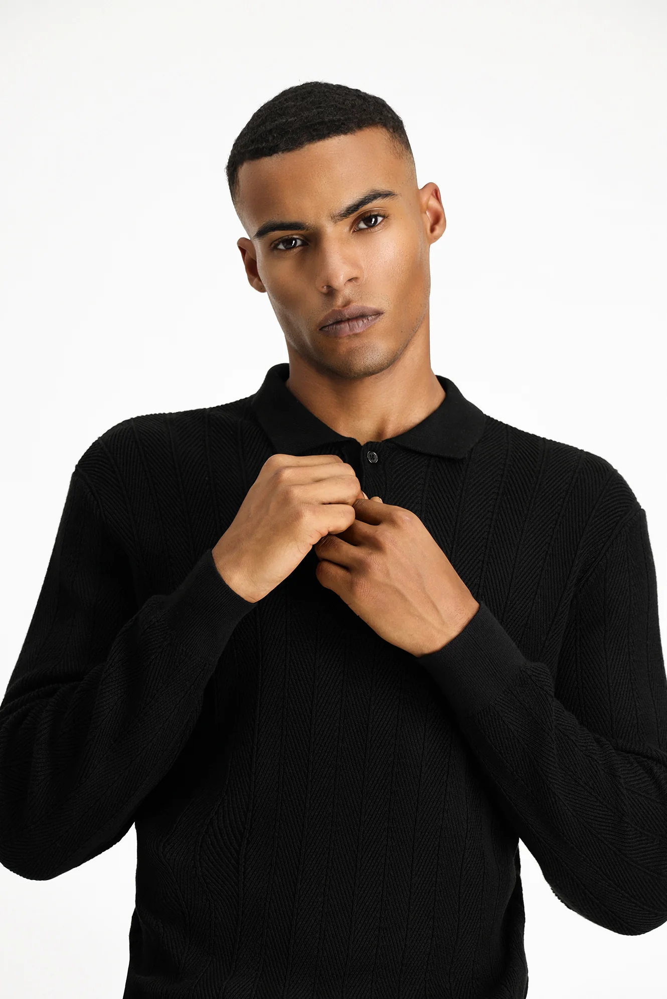 Siyah Polo Yaka Düğmeli Slim Fit Desenli Pamuklu Triko Kazak