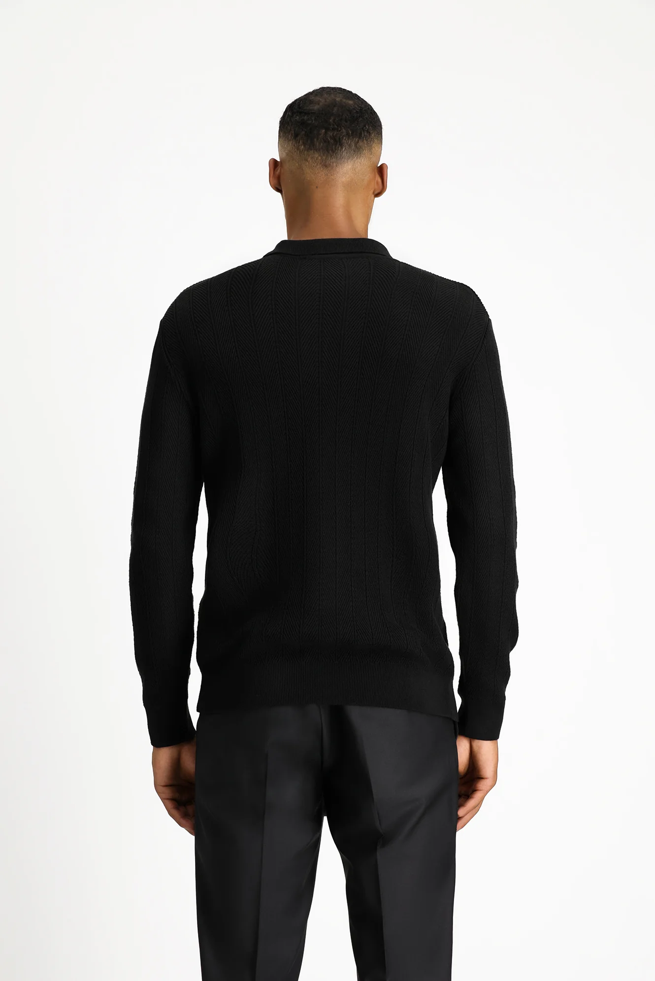 Siyah Polo Yaka Düğmeli Slim Fit Desenli Pamuklu Triko Kazak - Image 4