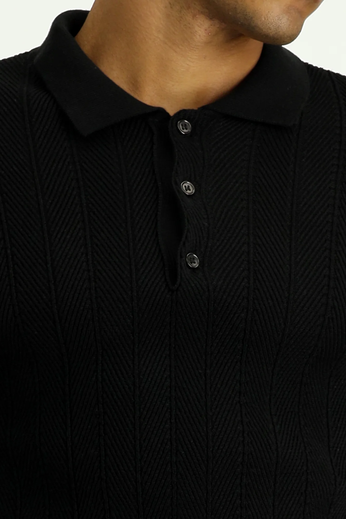 Siyah Polo Yaka Düğmeli Slim Fit Desenli Pamuklu Triko Kazak - Image 5