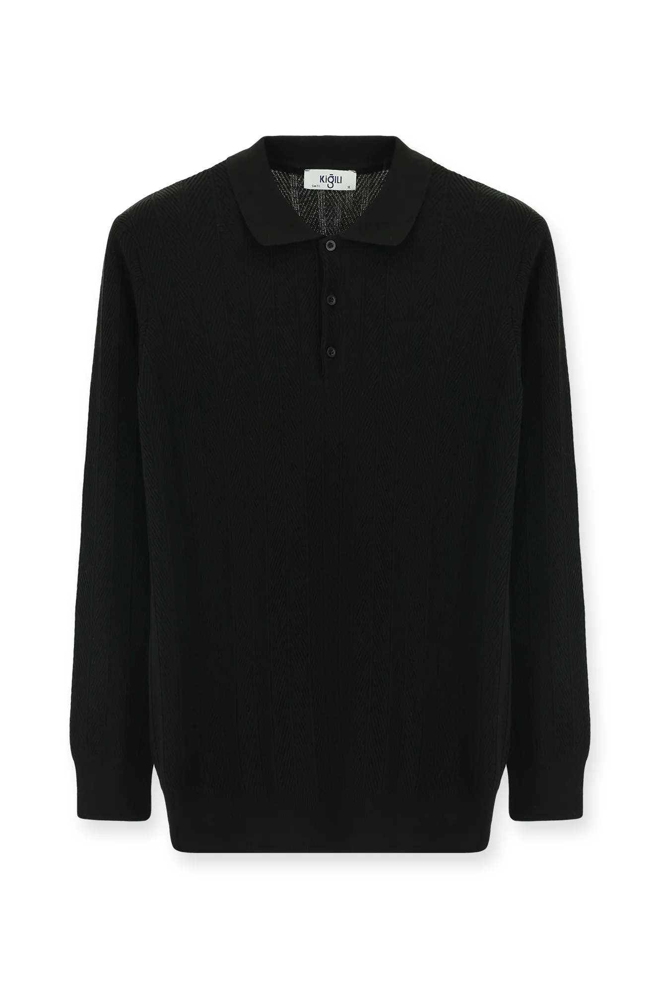 Siyah Polo Yaka Düğmeli Slim Fit Desenli Pamuklu Triko Kazak - Image 7