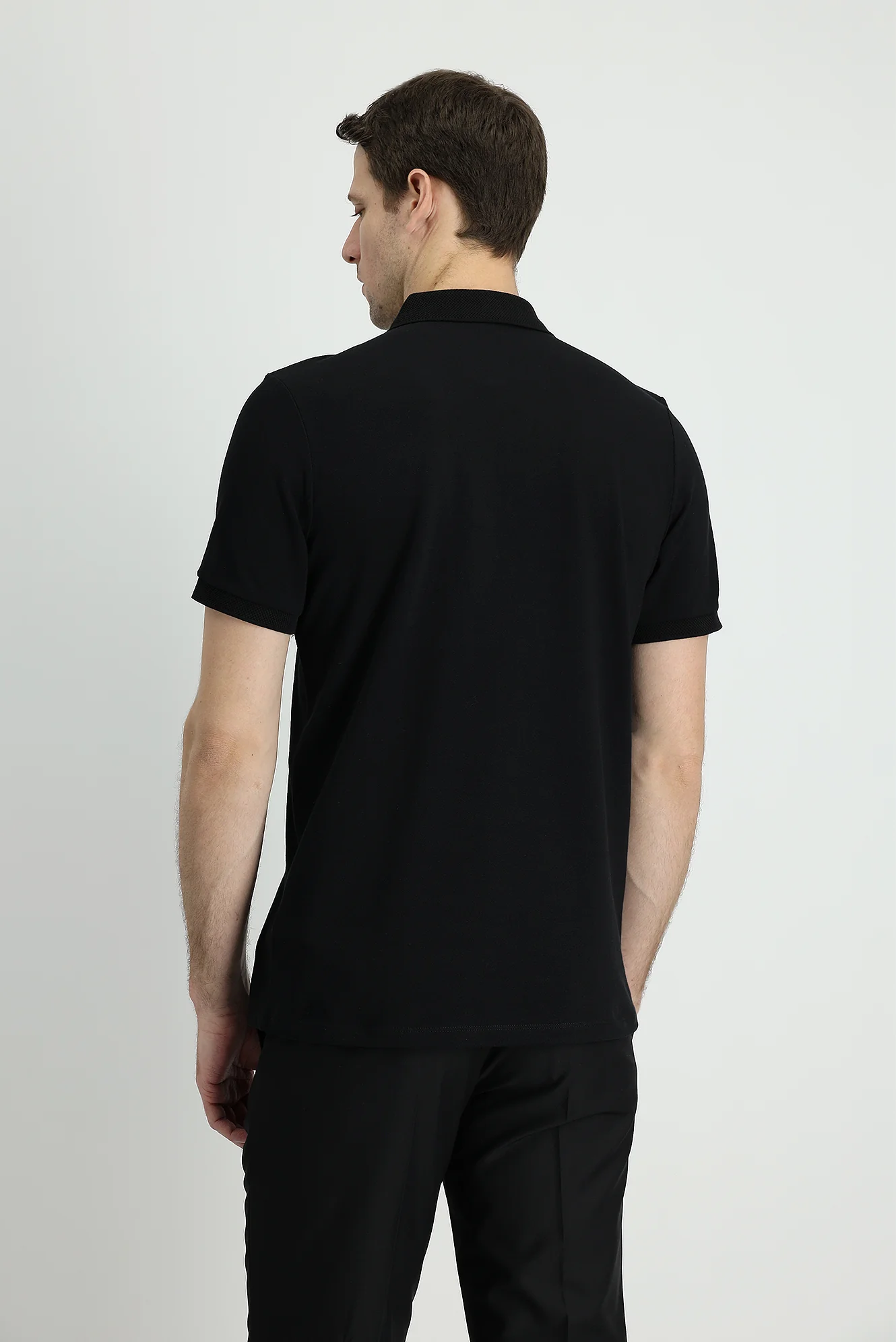 Siyah Polo Yaka Slim Fit Dar Kesim Nakışlı Pamuk Tişört - Image 2