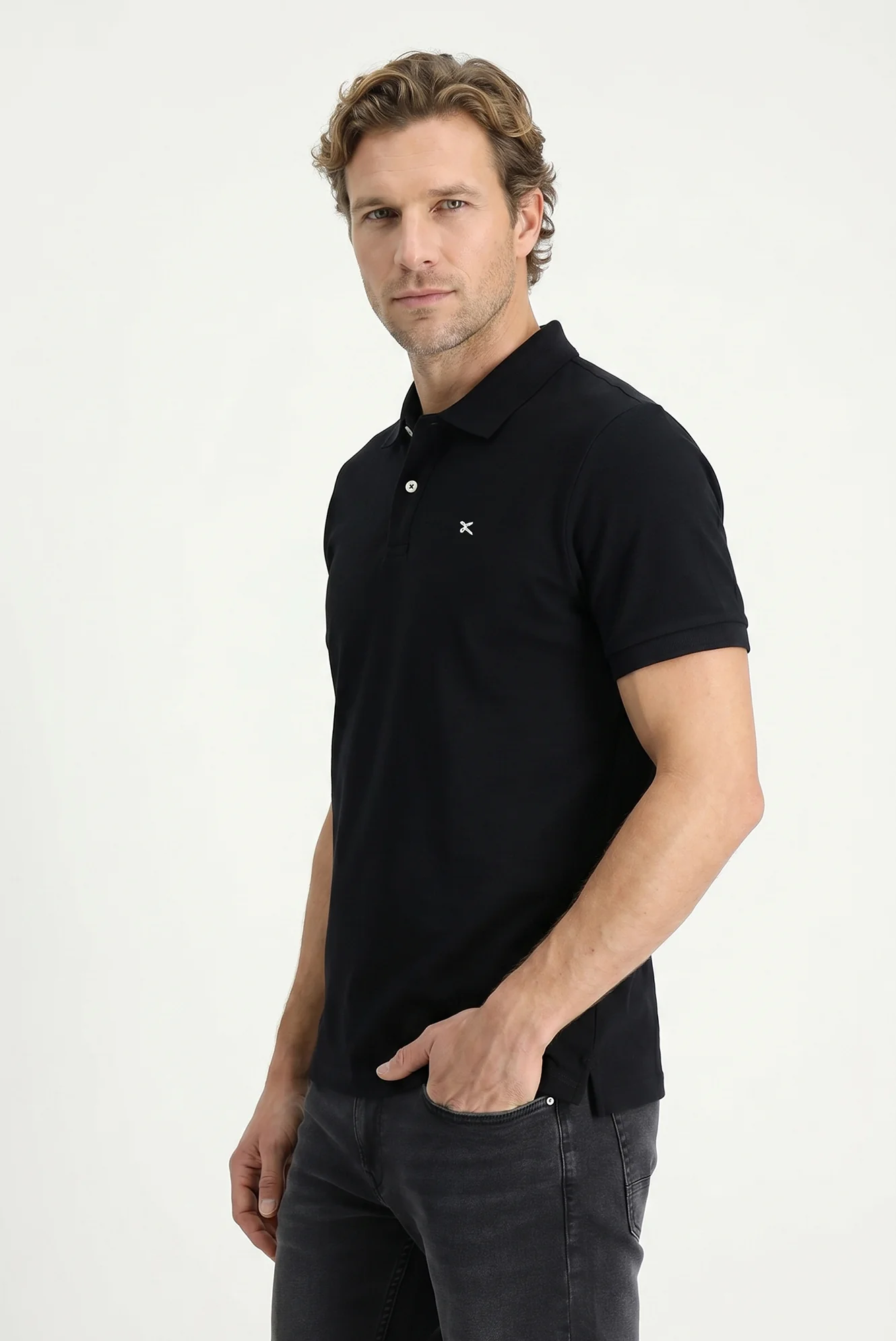 Siyah Polo Yaka Slim Fit Nakışlı %100 Pamuk Tişört
