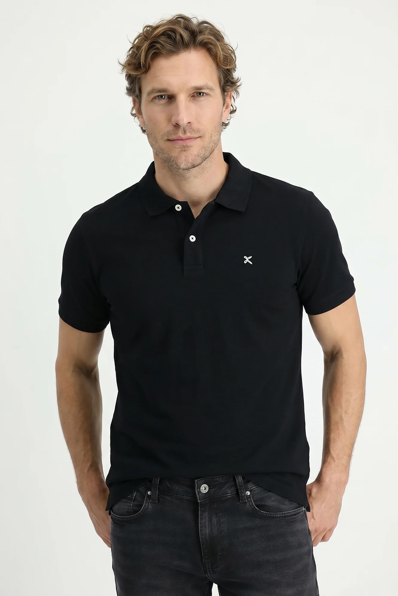 Siyah Polo Yaka Slim Fit Nakışlı %100 Pamuk Tişört - Image 2