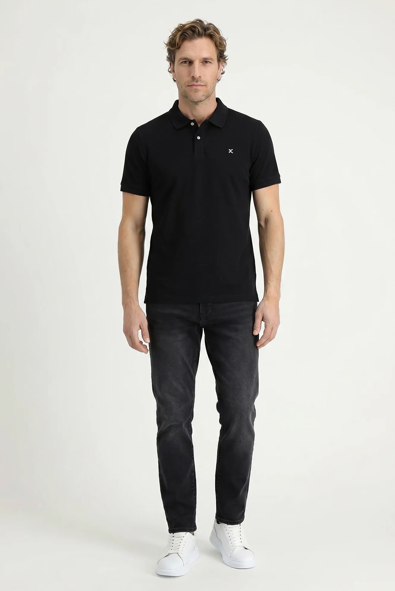 Siyah Polo Yaka Slim Fit Nakışlı %100 Pamuk Tişört - Image 5