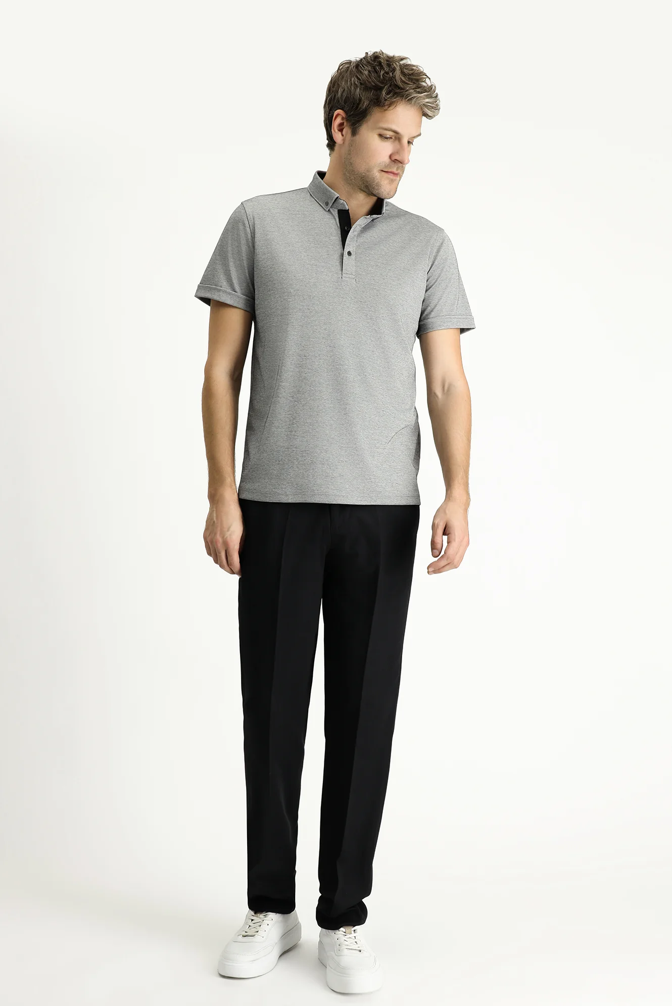 Siyah Polo Yaka Slim Fit Dar Kesim Pamuklu Tişört - Image 2