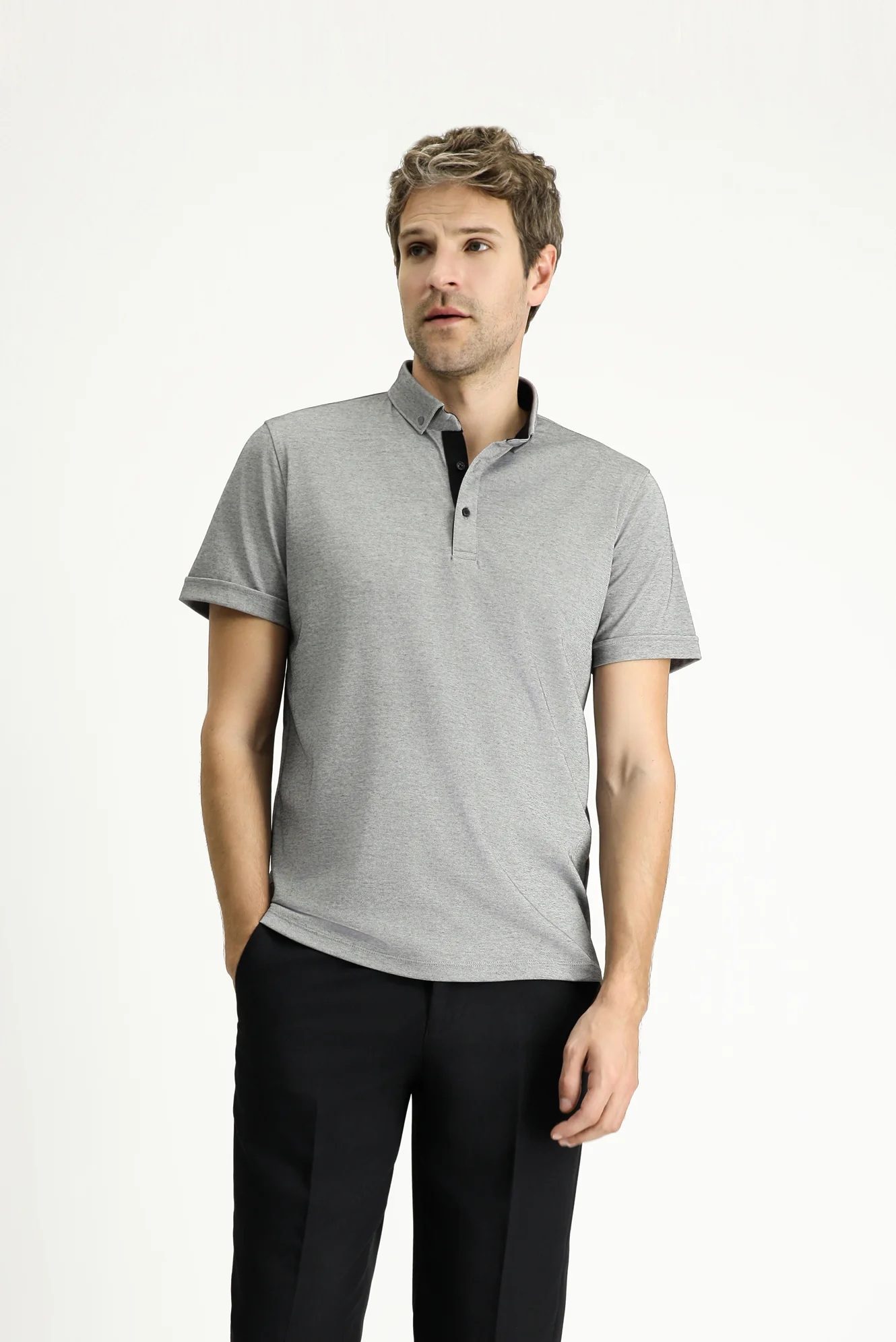 Siyah Polo Yaka Slim Fit Dar Kesim Pamuklu Tişört - Image 3