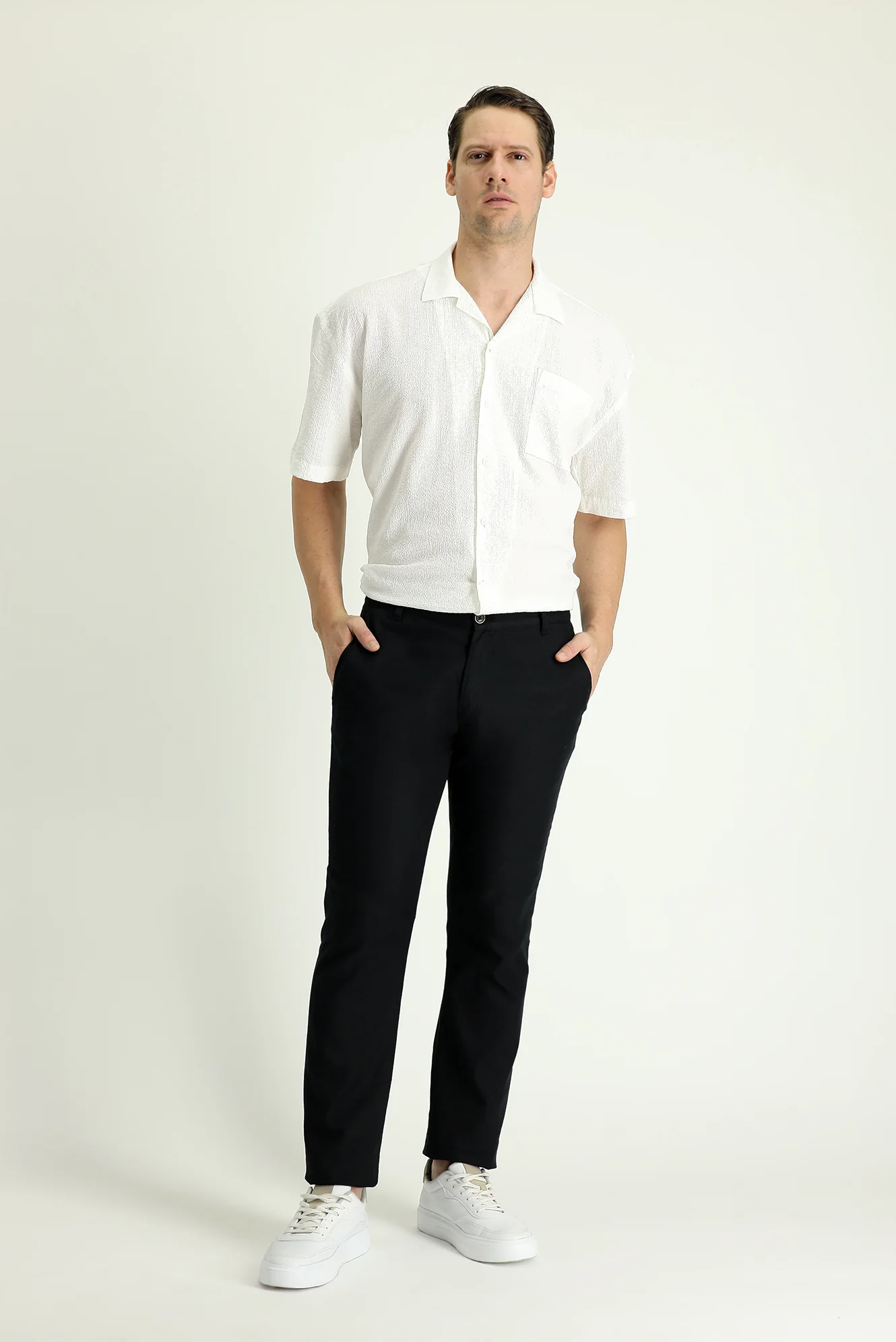 Siyah Regular Fit Standart Kesim Beli Lastikli Pamuklu Keten Kanvas / Chino Pantolon