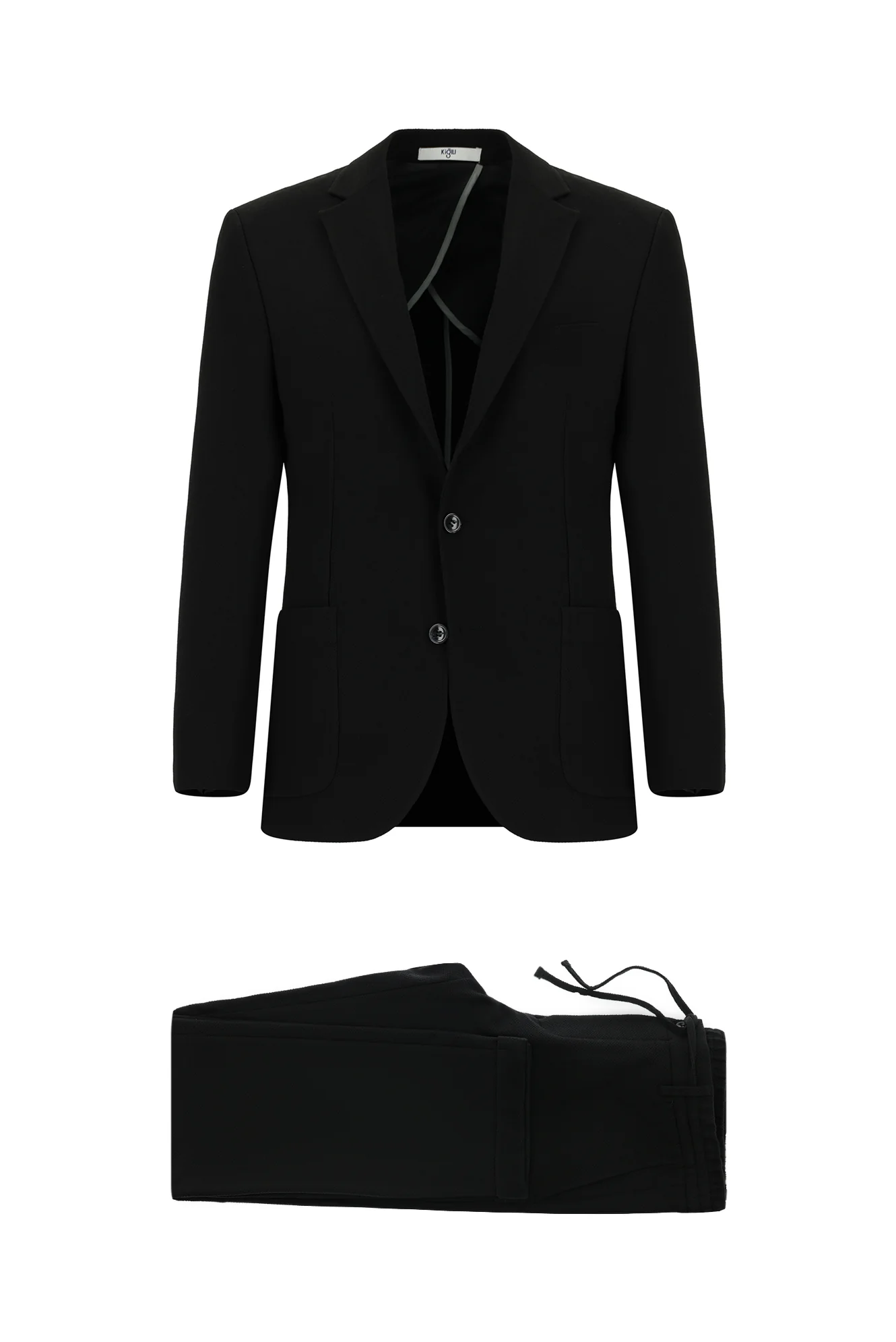 Siyah 6 Drop Regular Fit Standart Kesim Çizgili Beli Lastikli İpli Takım Elbise