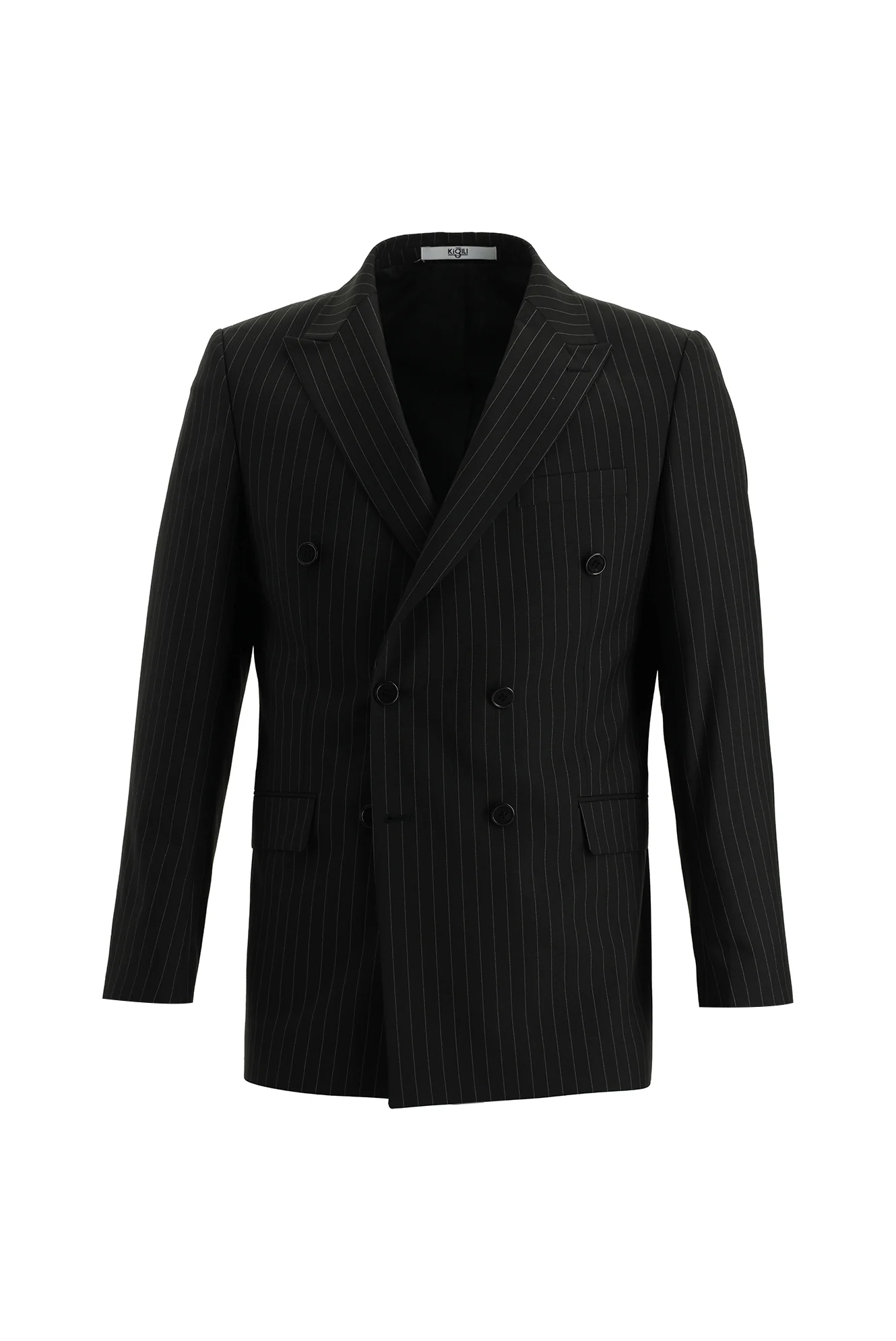 Siyah 6 Drop Regular Fit Standart Kesim Çizgili Kruvaze Takım Elbise - Image 2
