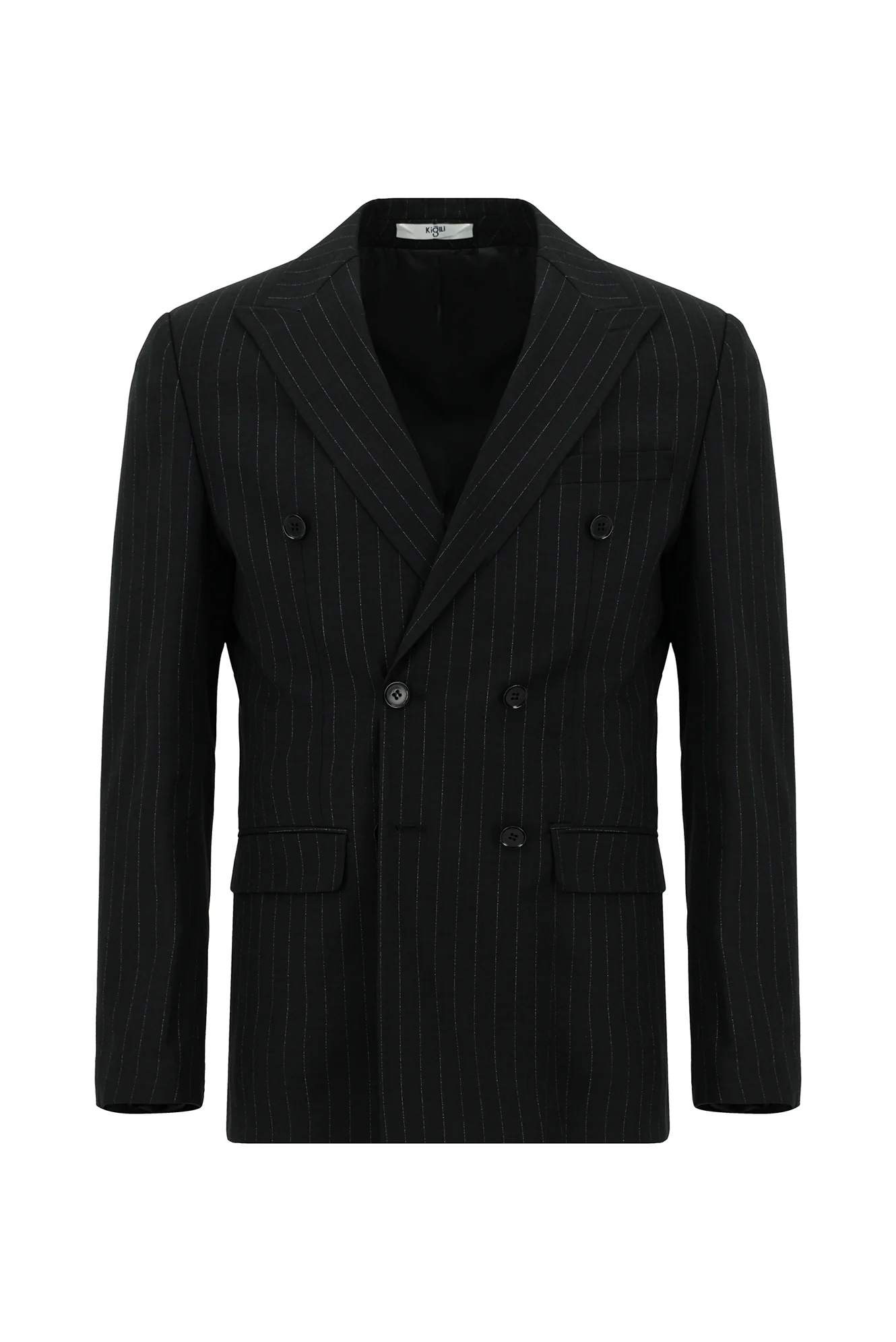 Siyah 6 Drop Regular Fit Standart Kesim Çizgili Kruvaze Takım Elbise - Image 2