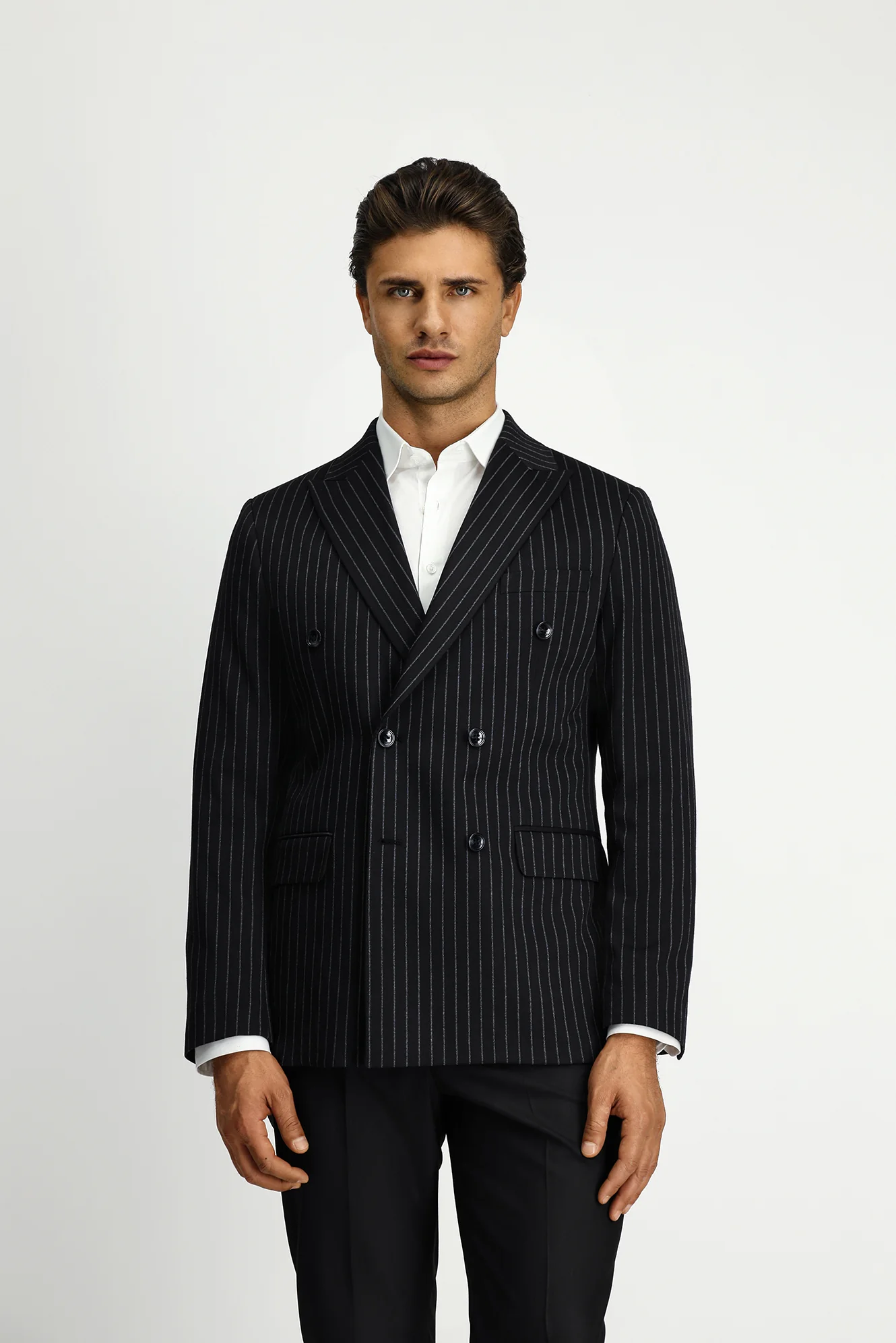 Siyah 6 Drop Regular Fit Standart Kesim Çizgili Örme Kruvaze Ceket - Image 4