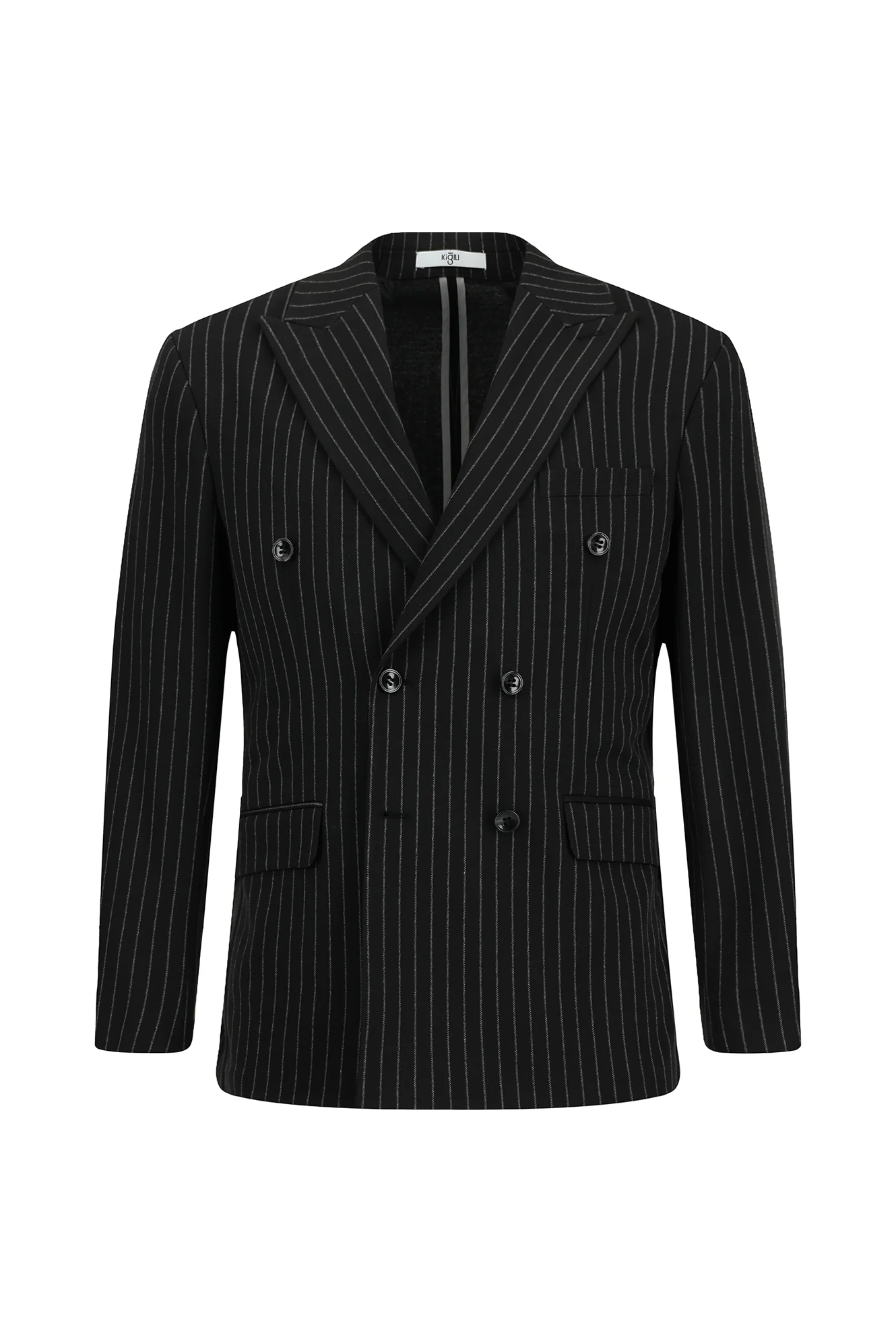 Siyah 6 Drop Regular Fit Standart Kesim Çizgili Örme Kruvaze Ceket - Image 7