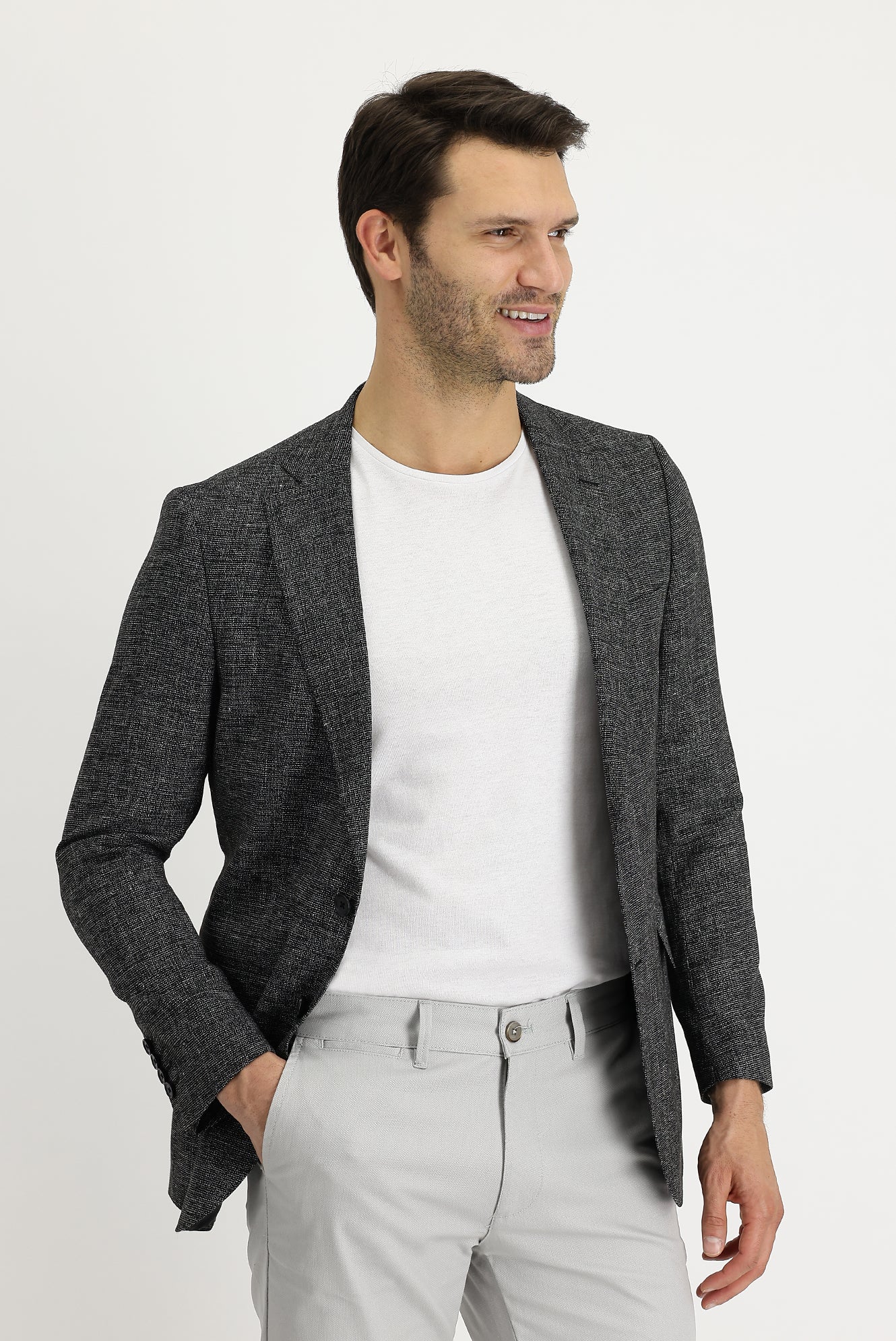 Siyah 6 Drop Regular Fit Standart Kesim Desenli Keten Ceket