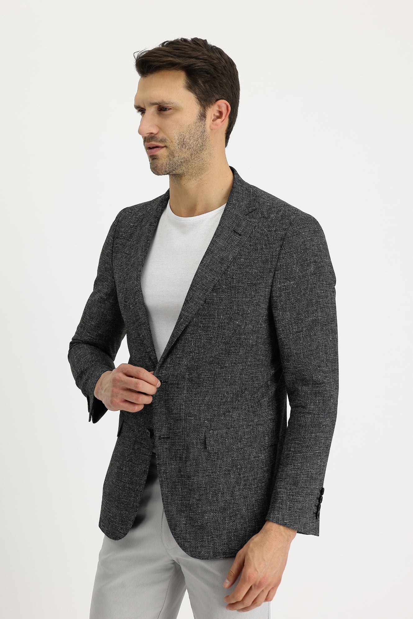 Siyah 6 Drop Regular Fit Standart Kesim Desenli Keten Ceket - Image 3