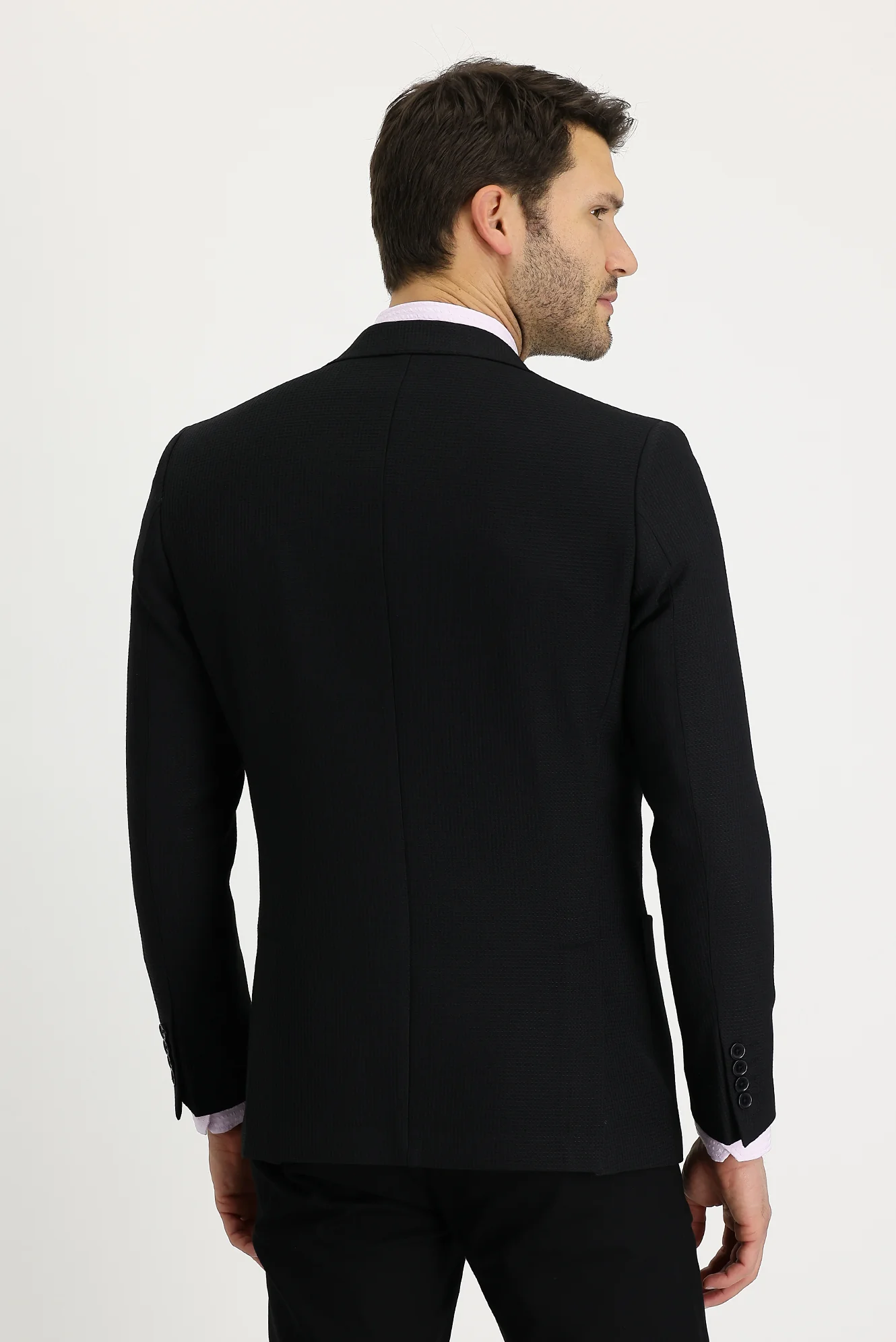 Siyah 6 Drop Regular Fit Standart Kesim Desenli Yünlü Ceket - Image 4