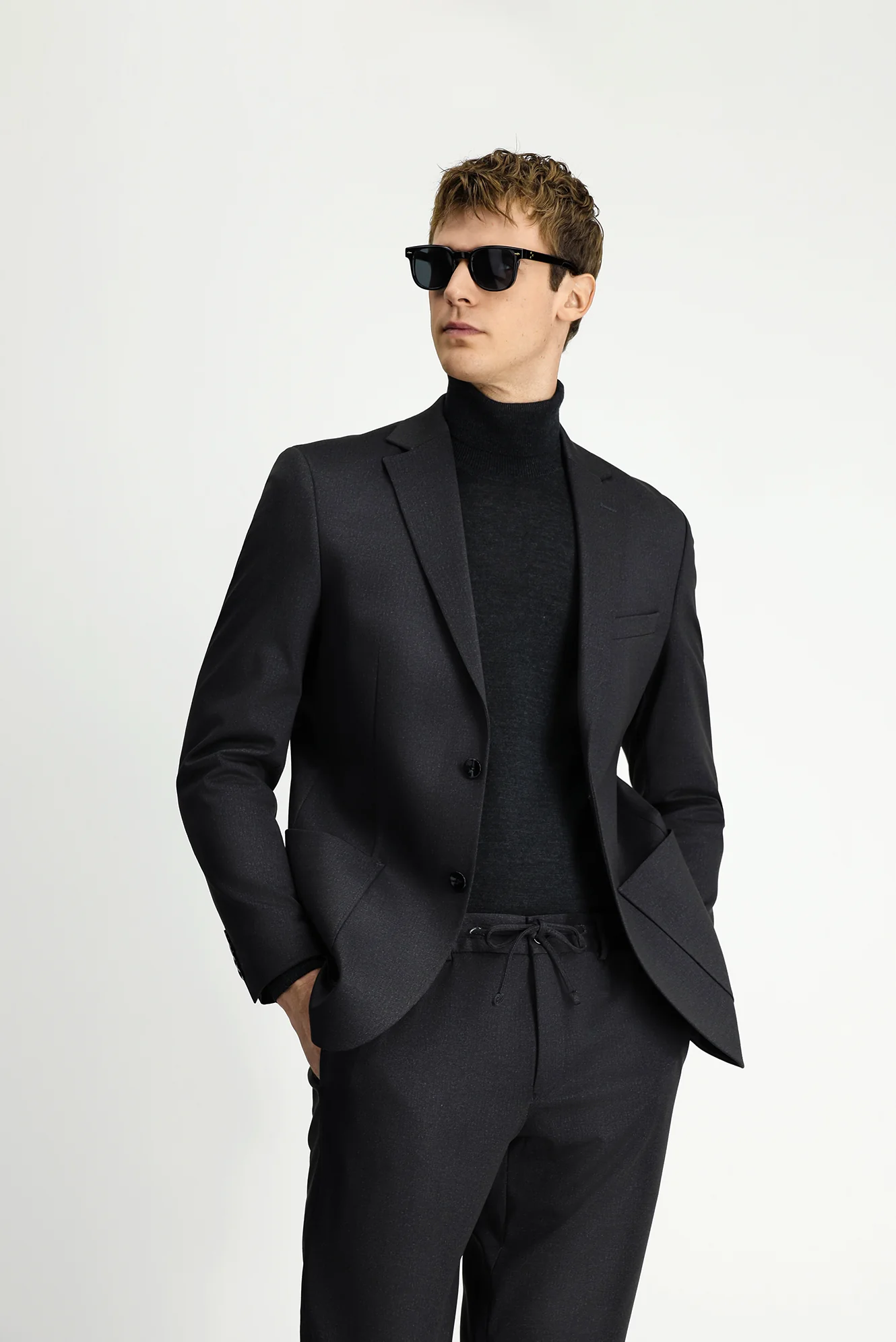 Siyah 6 Drop Regular Fit Standart Kesim Desenli Beli Lastikli İpli Takım Elbise - Image 3