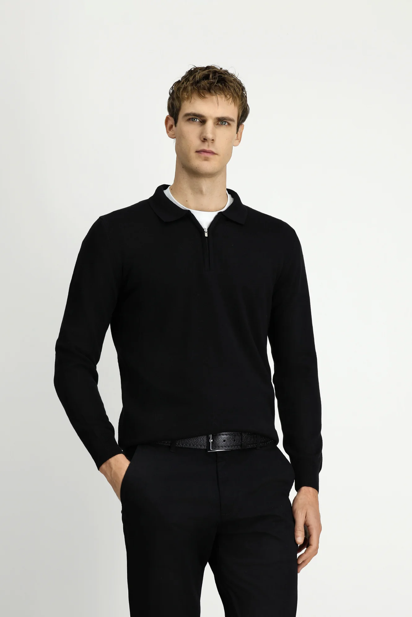 Siyah Polo Yaka Regular Fit Fermuarlı Pamuklu Örme Triko Kazak