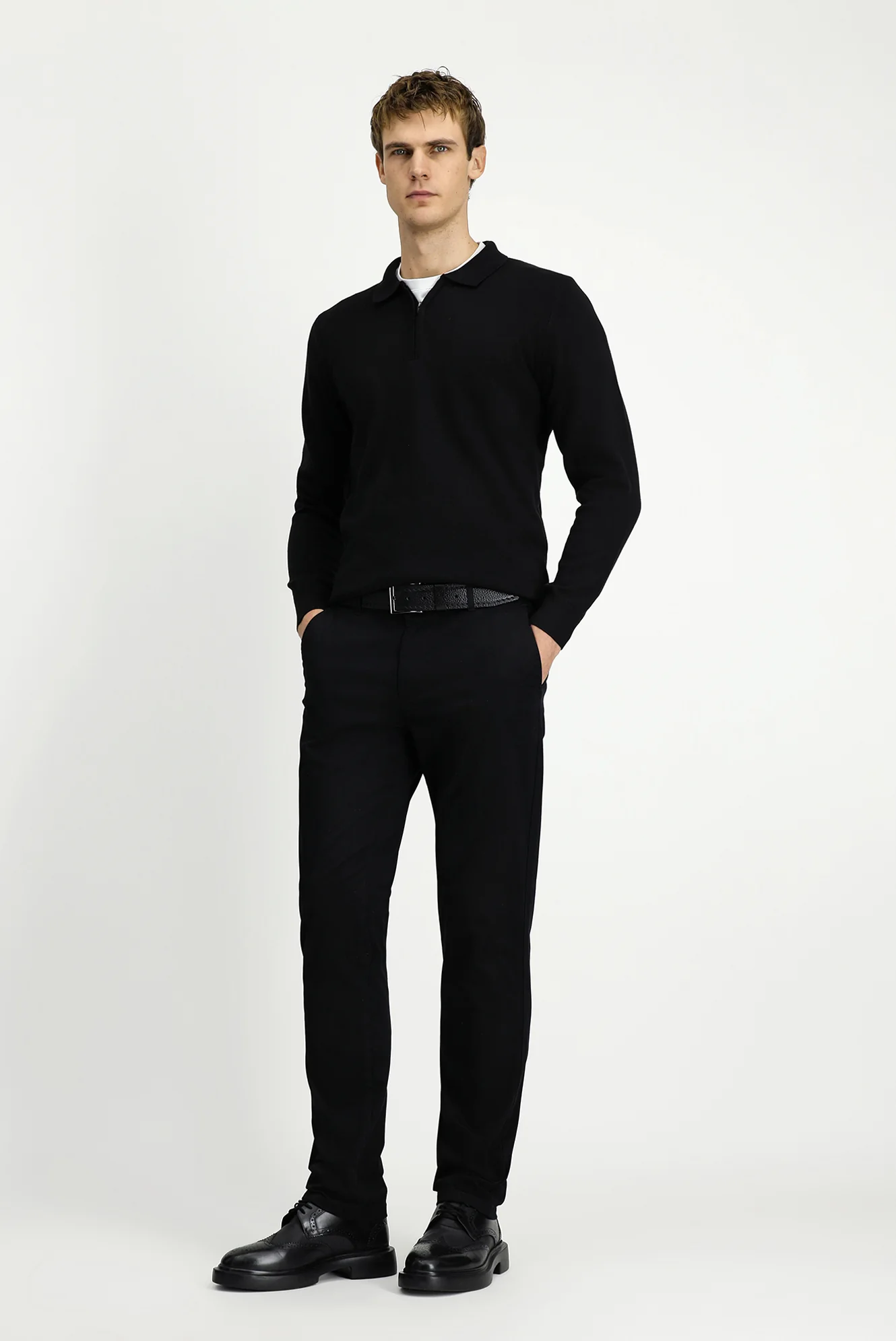 Siyah Polo Yaka Regular Fit Fermuarlı Pamuklu Örme Triko Kazak - Image 3