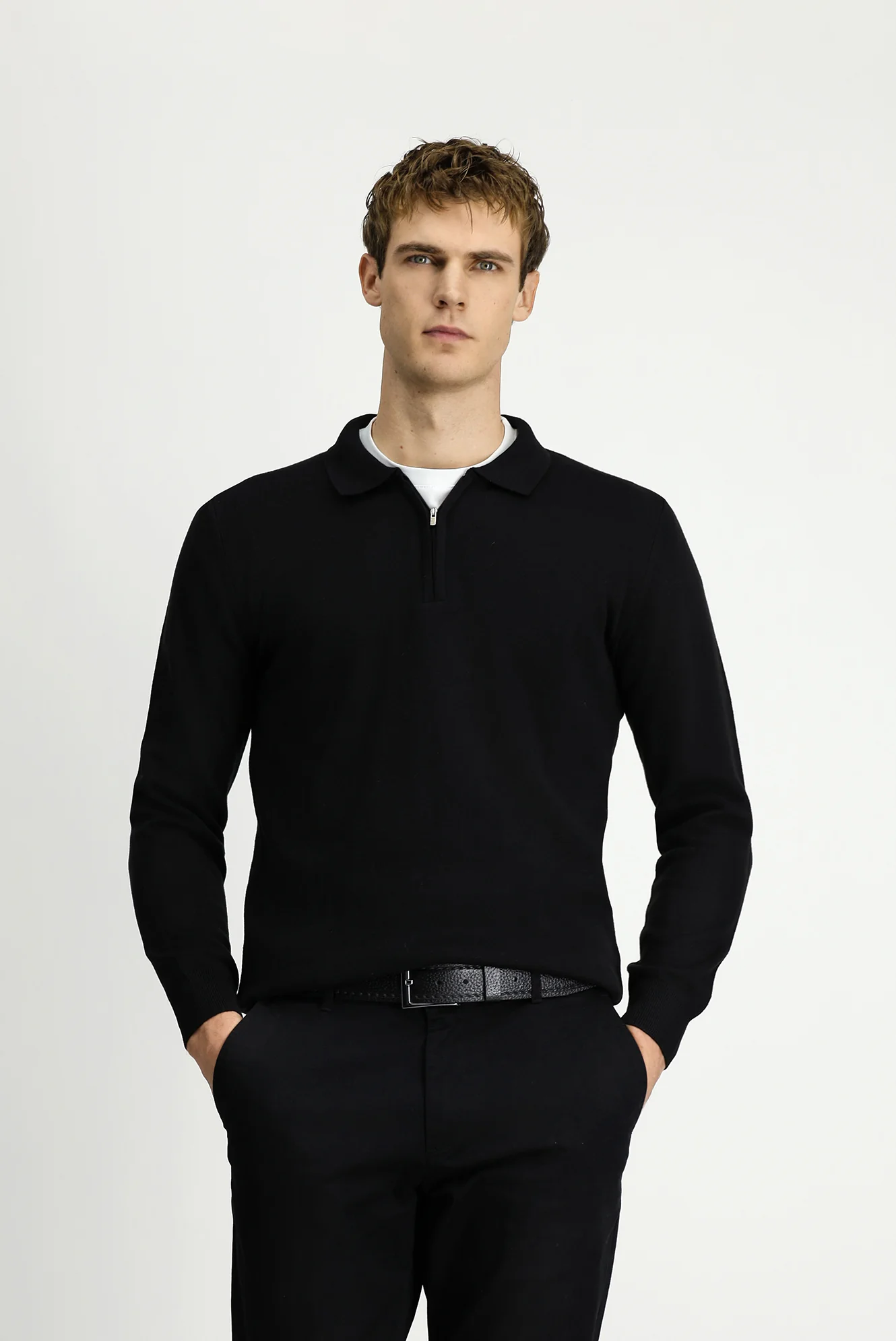 Siyah Polo Yaka Regular Fit Fermuarlı Pamuklu Örme Triko Kazak - Image 5