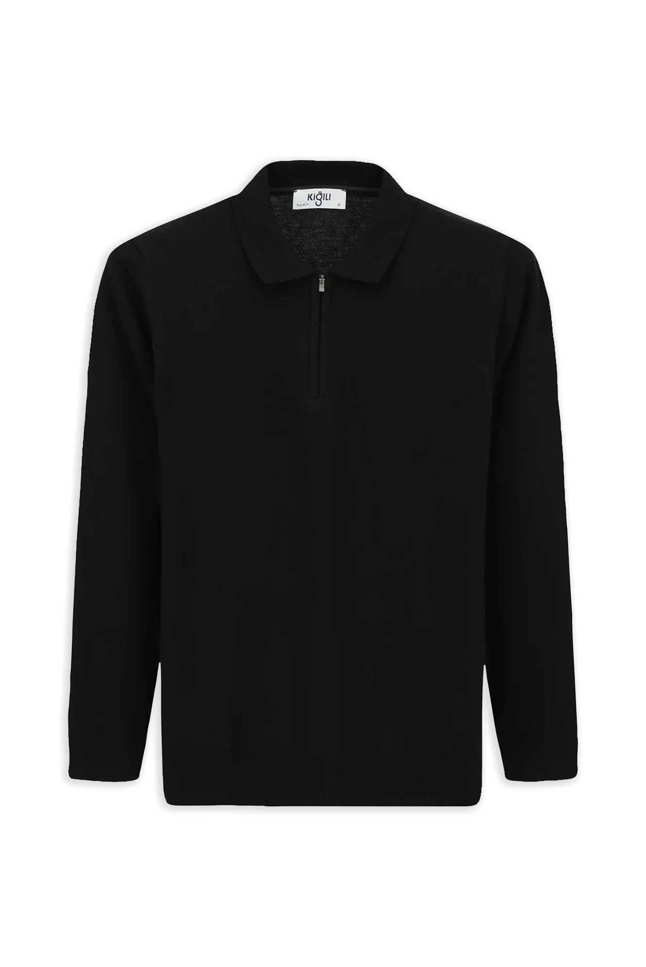 Siyah Polo Yaka Regular Fit Fermuarlı Pamuklu Örme Triko Kazak - Image 8