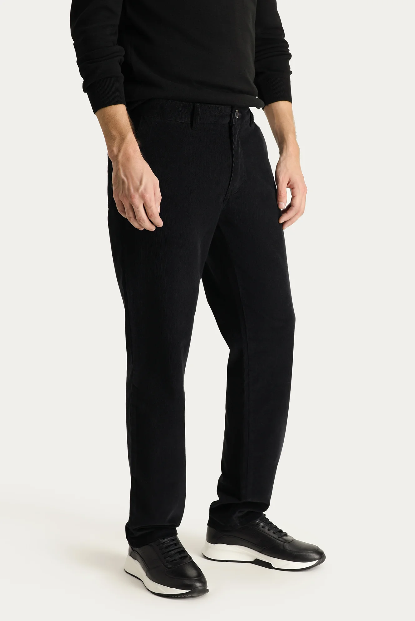 Siyah Regular Fit Standart Kesim Likralı Kadife Pantolon - Image 3