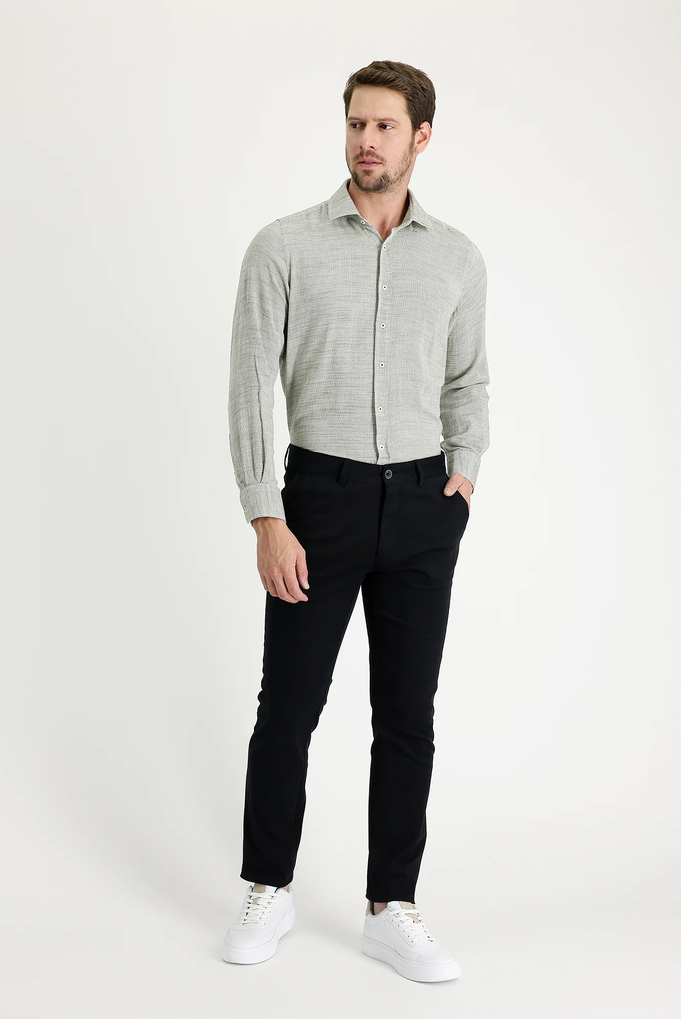 Siyah Regular Fit Standart Kesim Likralı Kanvas / Chino Pantolon