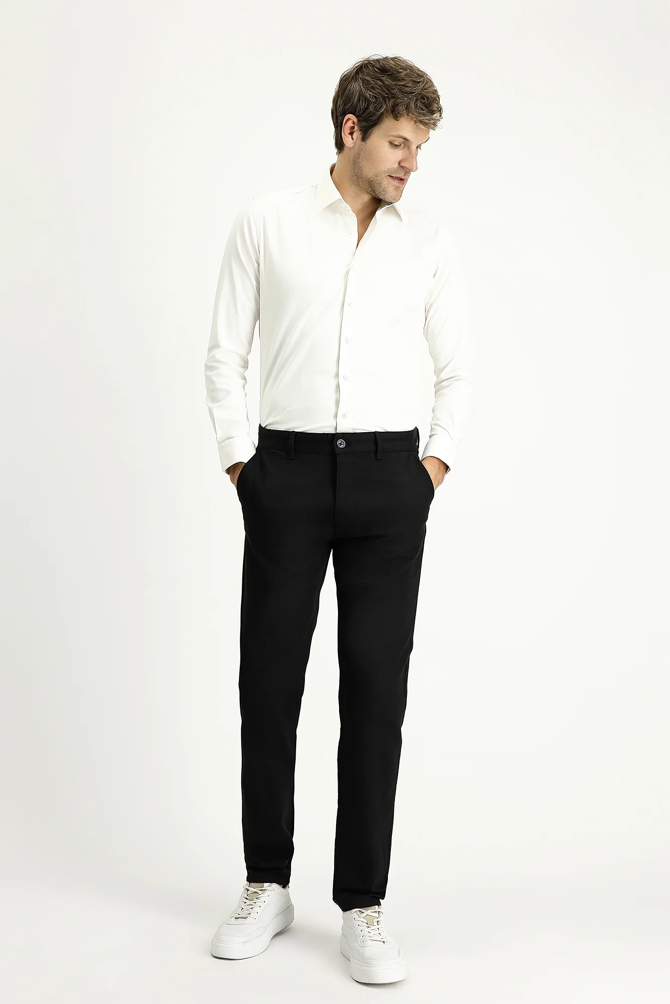 Siyah Regular Fit Standart Kesim Likralı Kanvas / Chino Pantolon
