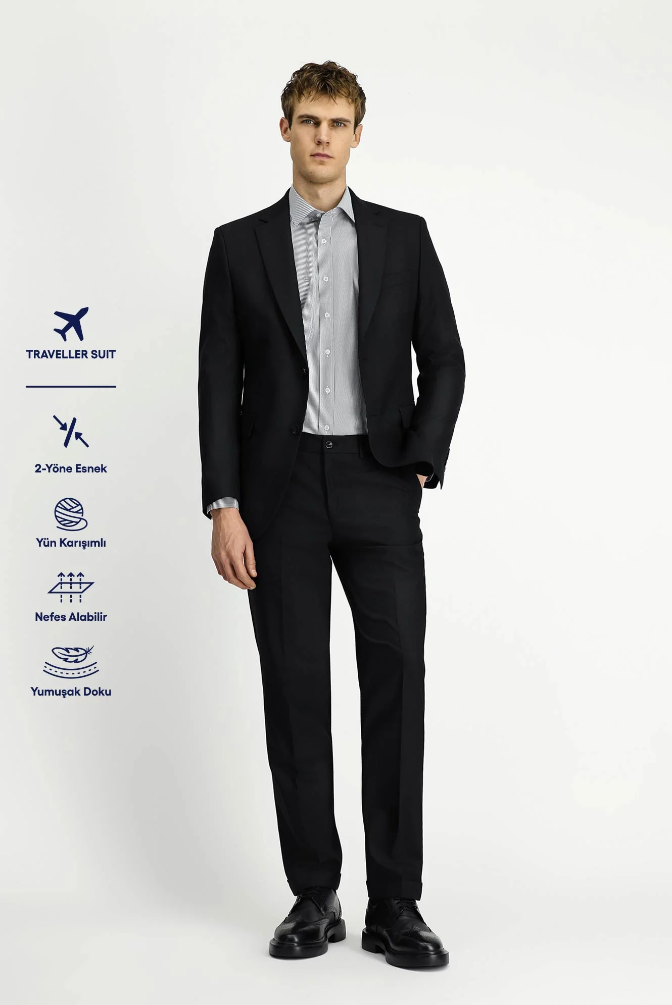 Siyah 6 Drop Regular Fit Standart Kesim Yünlü Traveller Suit Çantalı Takım Elbise
