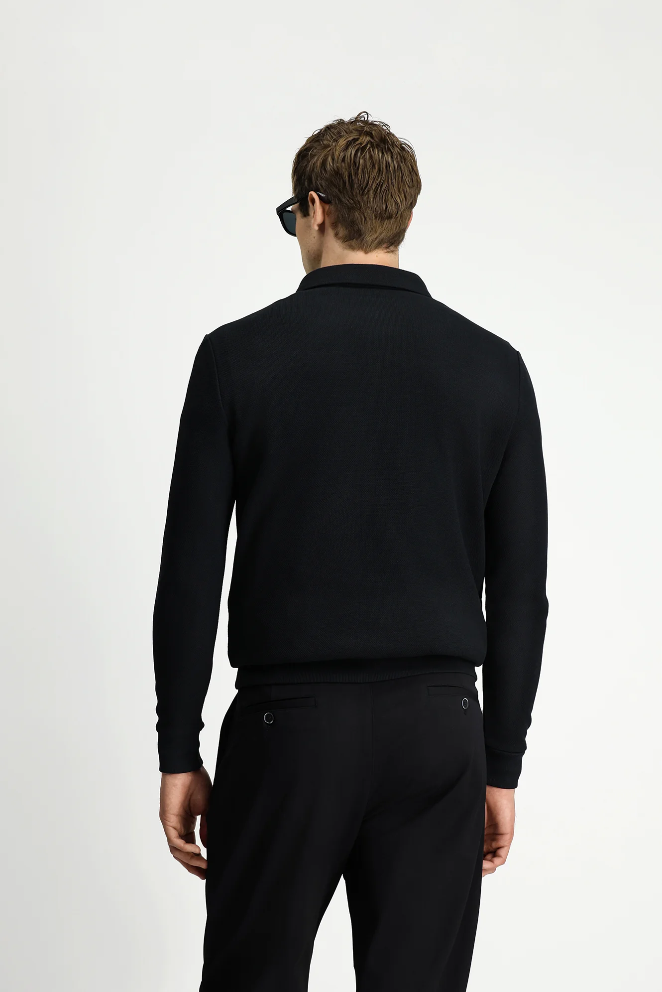 Siyah Polo Yaka Regular Fit Desenli Cepli Pamuk Sweatshirt - Image 5